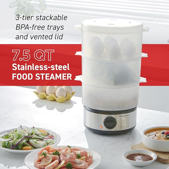 Elite Gourmet EST750 7.5 Quart, 3-tier, Electric Food Vegetable Steamer with BPA-Free Steamer Tray, Auto Shut-off 60-min Timer, 400W, Stainless Steel