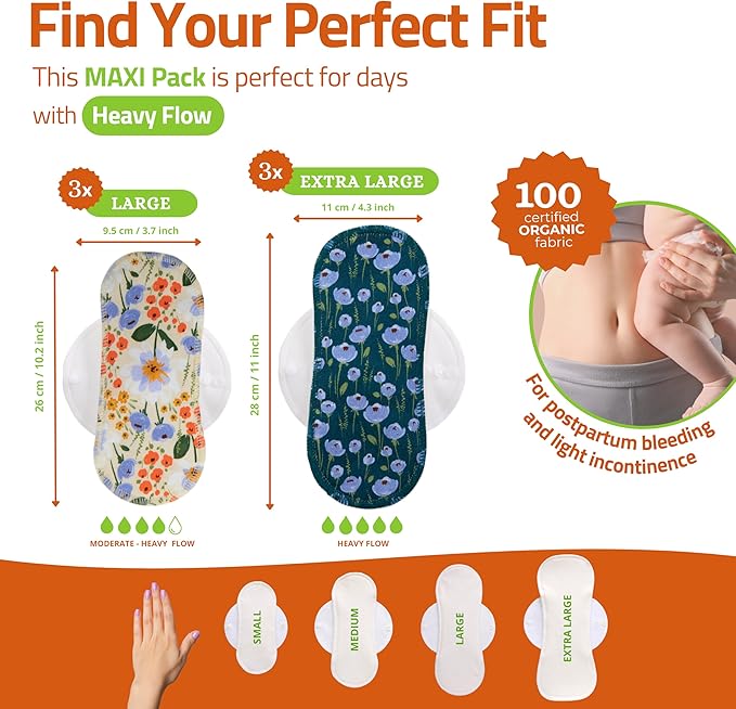 Organic Cotton EcoComfort Reusable Period Pads for Heavy Flow & Incontinence (L+XL, 6-Pack); High-Temp Washable Cloth for Women; Non-Irritating, Soft Reusable Menstrual for Comfortable Care