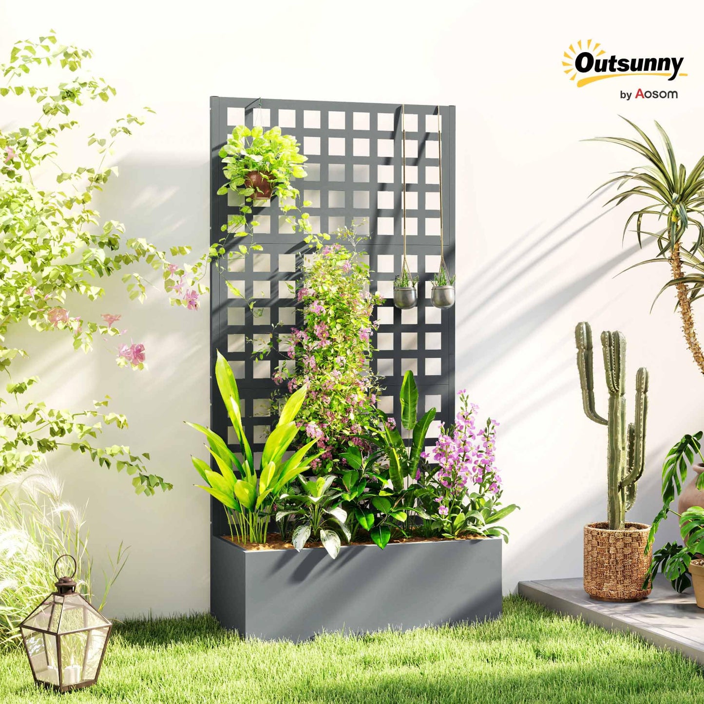Outsunny Galvanized Raised Garden Bed with Trellis, Metal Planter Box with Drainage Holes, Outdoor Privacy Screen for Climbing Plants, Vegetable, Vines, 35" x 16" x 70", Gray Wood Effect