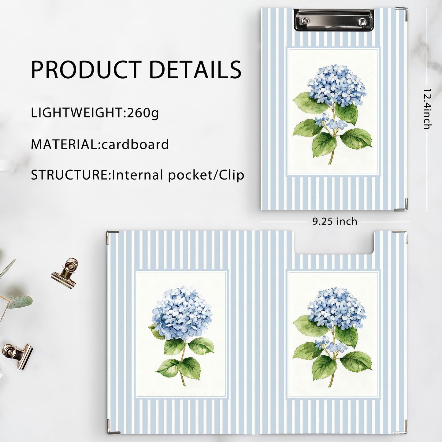 KU-DaYi Blue Hydrangea Floral Clipboard Padfolio with Storage Pocket, Blue Striped Hydrangea Flower Botanical Low Profile Clip Boards for Girls Nurse Office Classroom, 12.4 x 9.25 in