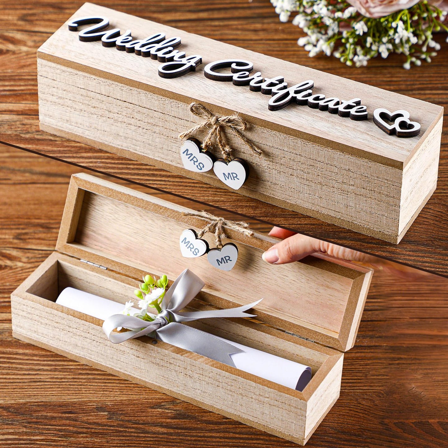 Thyle Mr & Mrs Wedding Certificate Holders Wooden Marriage License Keepsake Box with Bow and Magnetic Buckle Wedding Certificate Storage Box Gifts for Newlyweds Couples Gift(Natural Color)