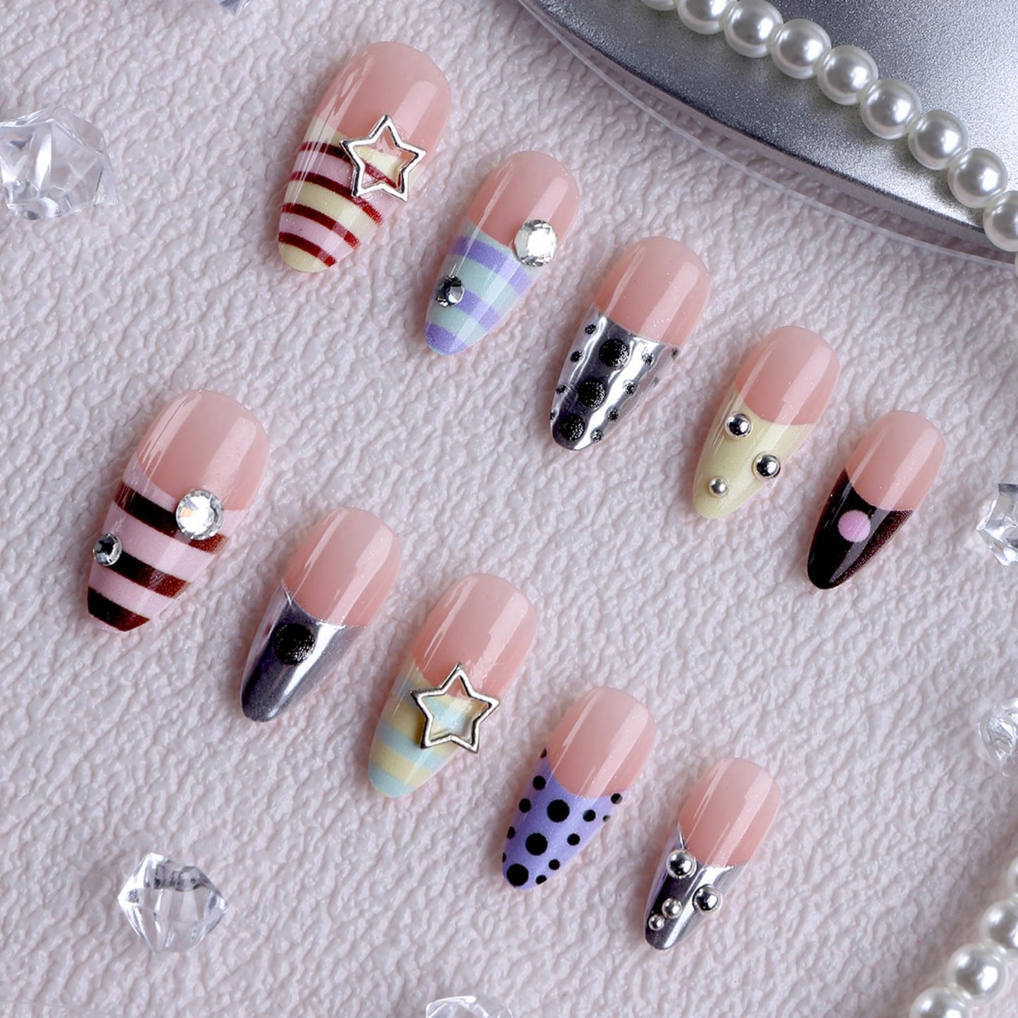 octoswave Press on Nails Long Almond Fake Nails Cute French Artificial Nail y2k Nail for Women 24pcs