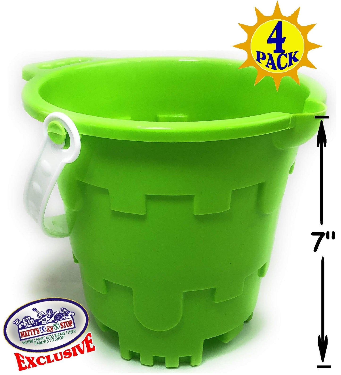 Matty's Toy Stop Beach Gear 7" Plastic Castle Mold Sand Buckets (Pails) with Easy Pour Spout and Handle Blue, Pink, Green & Yellow Party Set Bundle - 4 Pack