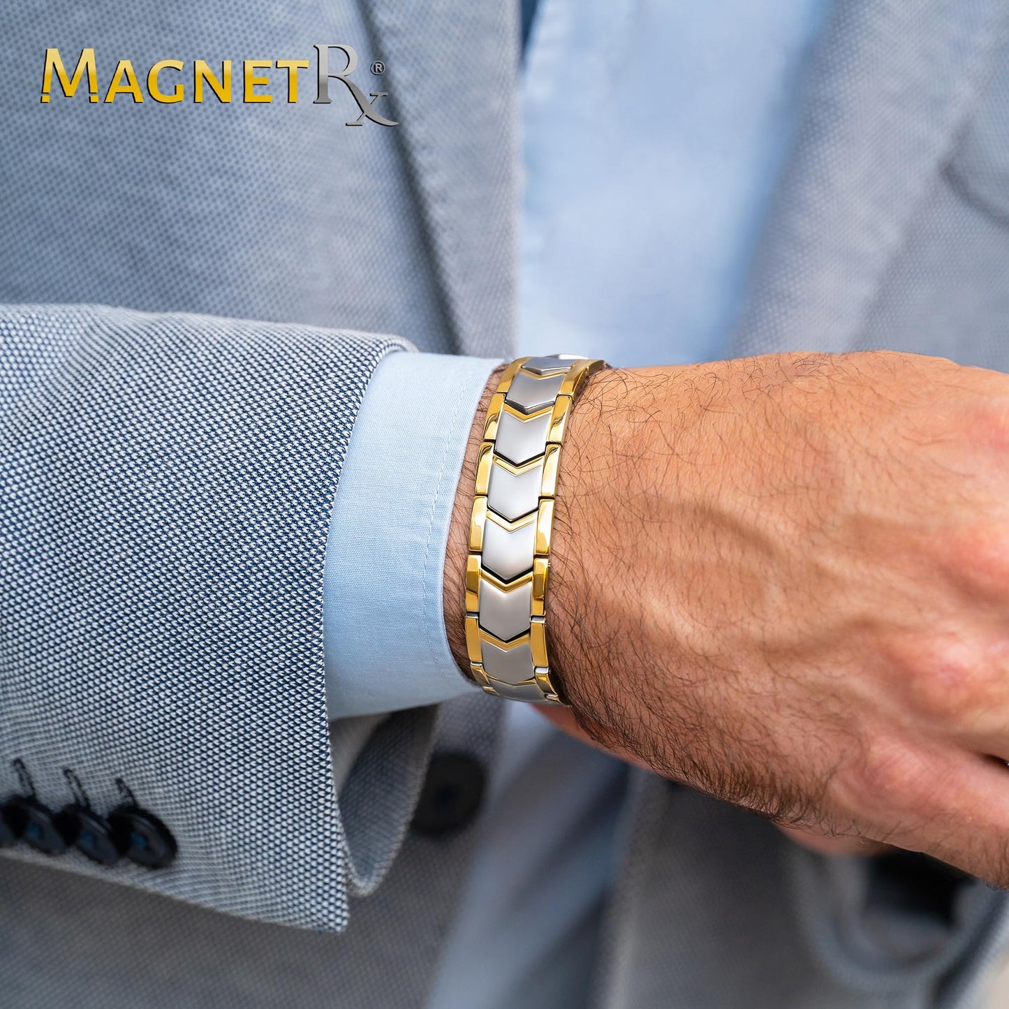 MagnetRX® Ultra Strength Magnetic Bracelet – Effective Stainless Steel Metal Bracelets for Men – Adjustable Length with Sizing Tool for Perfect Fit (Silver & Gold)