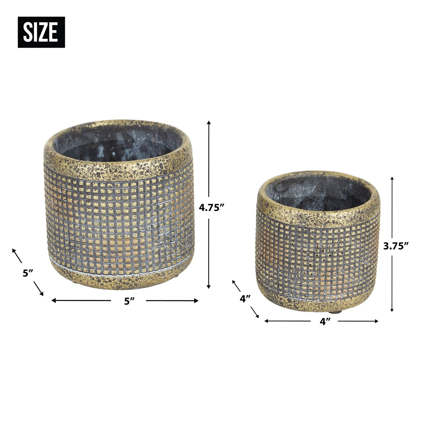 DII Planter Pot Collection Distressed/Weathered Indoor & Outdoor Cement, for Plants or Flowers, Small 4x3.75/Large 5x4.75, Modern Metallic, 2 Piece