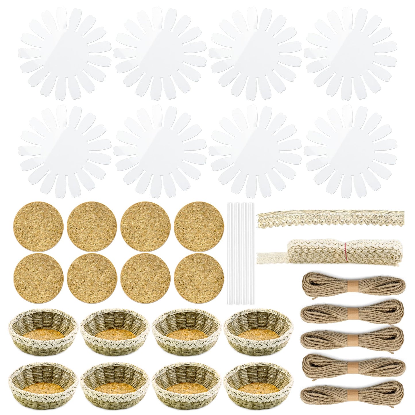 AOUXSEEM 8 Sets Basket Weaving Craft Kit for Beginners,DIY Burlap Style Desk Storage Small Parts Candy Cookies Bowls,8 inches Plastic Base and 109yd Jute Twine and Cork Linings & Lace