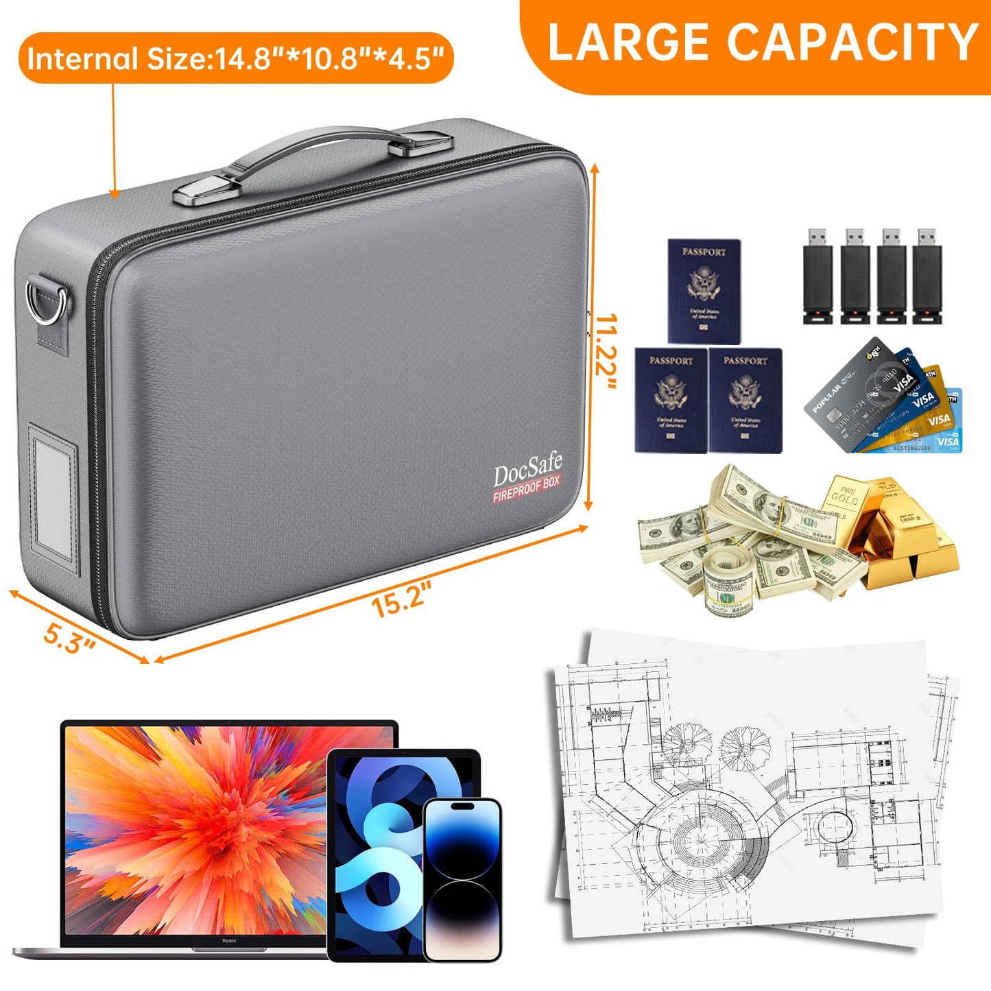 DocSafe Fireproof Document Box with Lock＆Shoulder Strap,Hard Case File Organizer with Accordion File Folder,Multi-Layer Portable Home Office Travel Safe Storage for Important Documents Laptop Gray