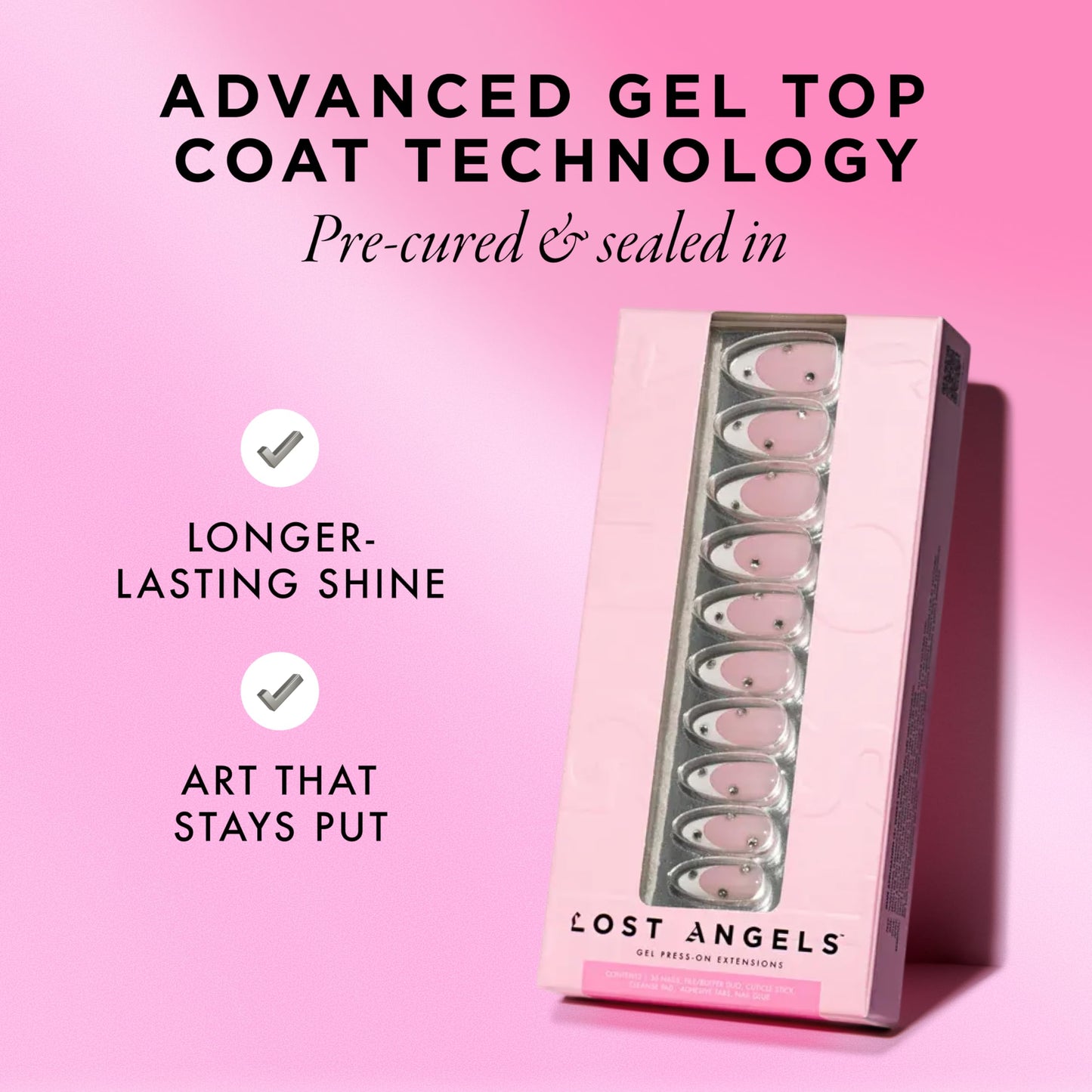 Lost Angels Gel Press On Nails French Tip with Diamond Gems - Cute Press On Nails Almond Medium Length - Easy Nail Kit with Adhesive Tab or Glue - 30 Fake Nail, 15 Sizes