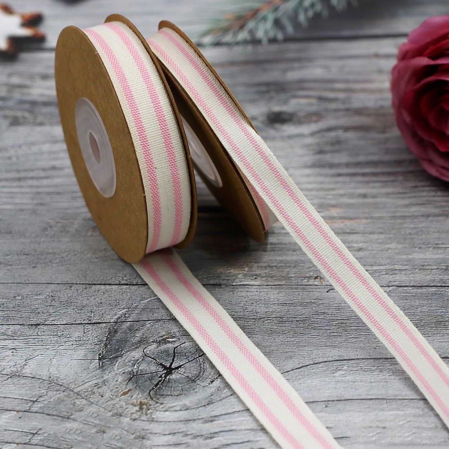 YERELO 10Yard x 2Roll Set Cotton Stripe Ribbon 5/8" and 3/8" Pink Stripe Ribbons for Christmas Tree Crafts,Wedding Wreath,Gift Wrapping,Decoration and DIY Handmade Hair Bows
