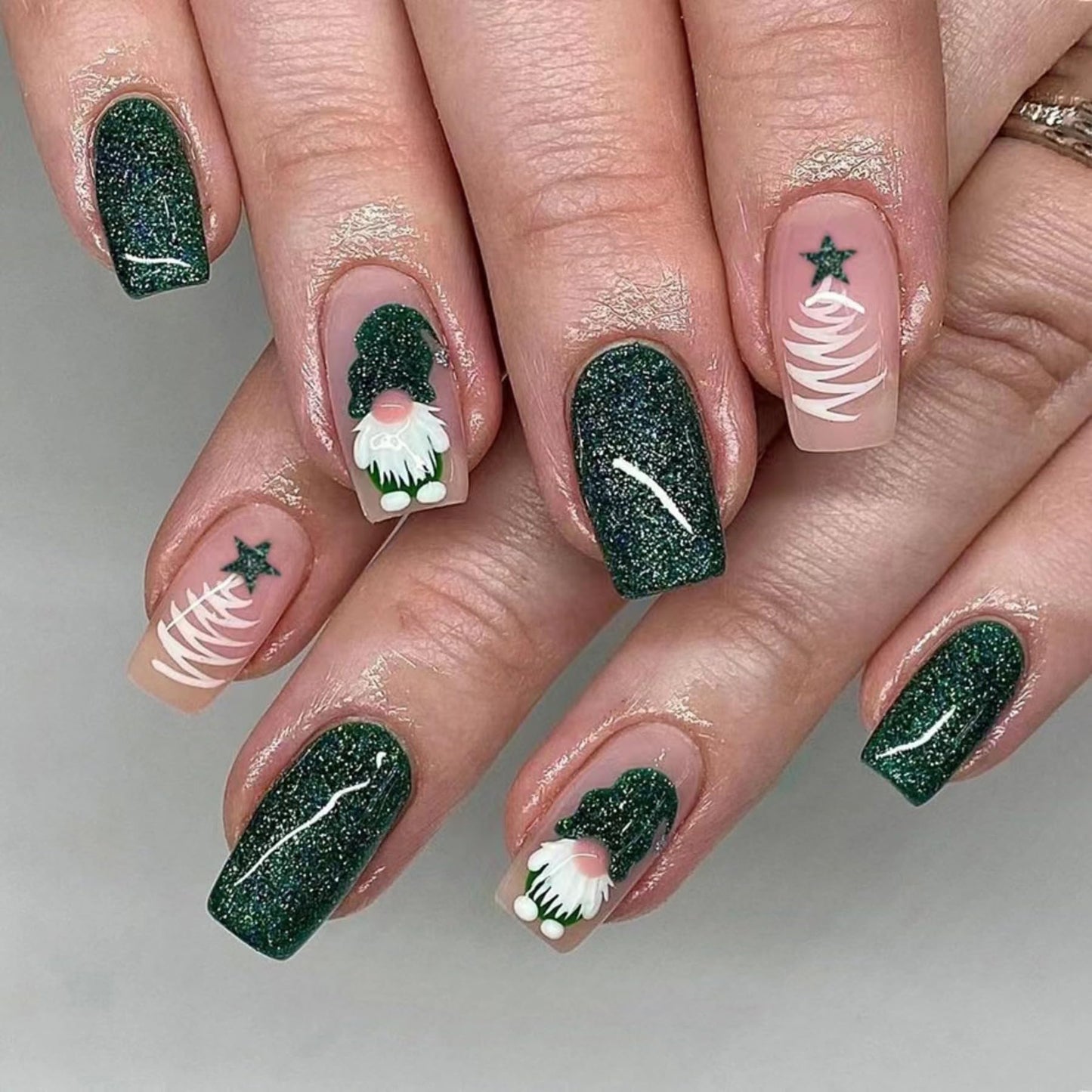Christmas Green Press on Nails Medium Square Fake Nails with Santa Claus Dwarf Design Glossy False Nails Cute Christmas Nails Acrylic Nails Full Cover Glue on Nails Stick on Nails for Women 24Pcs