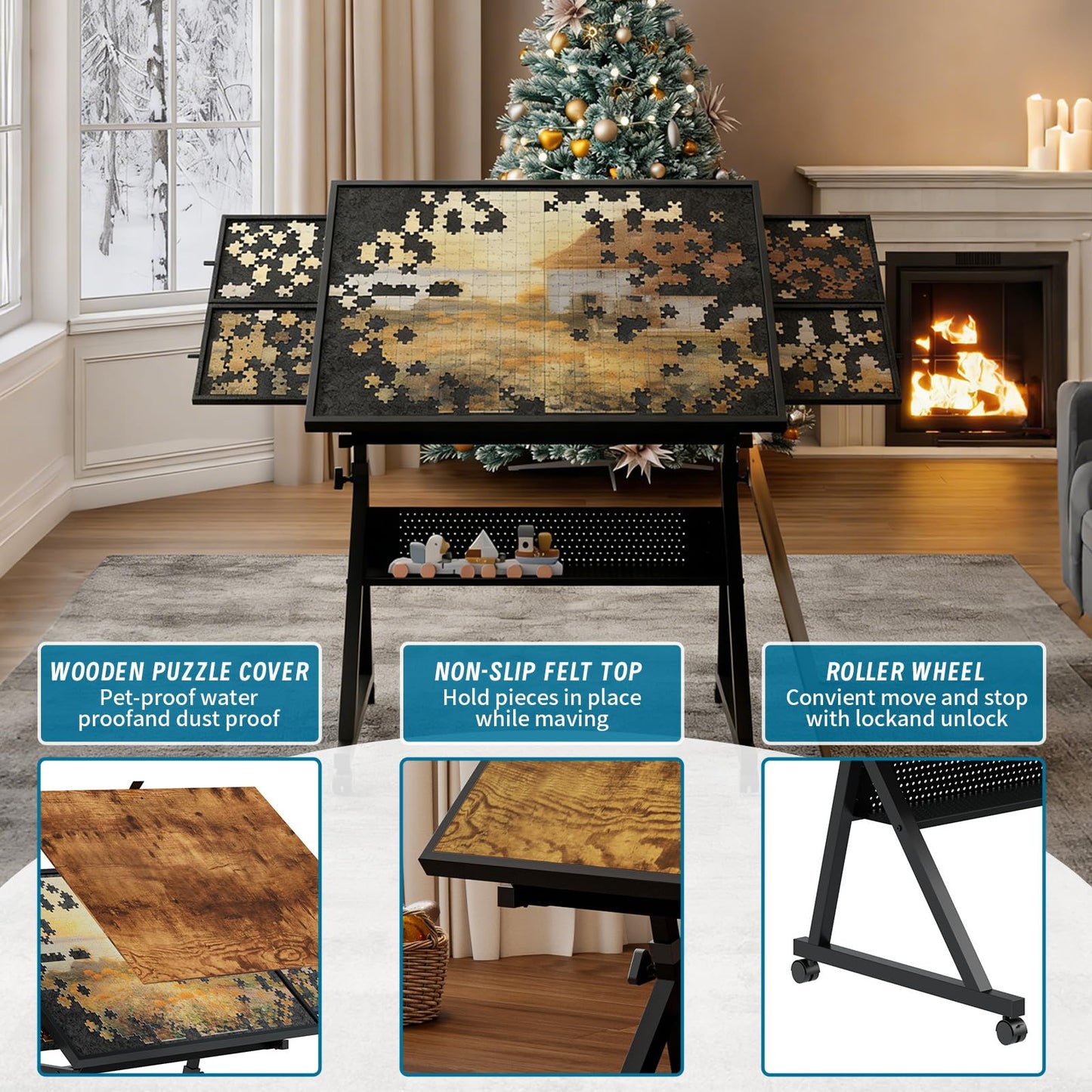 Adjustable Height & Angle Puzzle Table with Wheels, Jigsaw Puzzle Board for Adults, Metal Puzzle Desk with 4 Felt Trays, Wooden Protective Cover and Storage Shelf, Portable Puzzle Table,Brown & Black