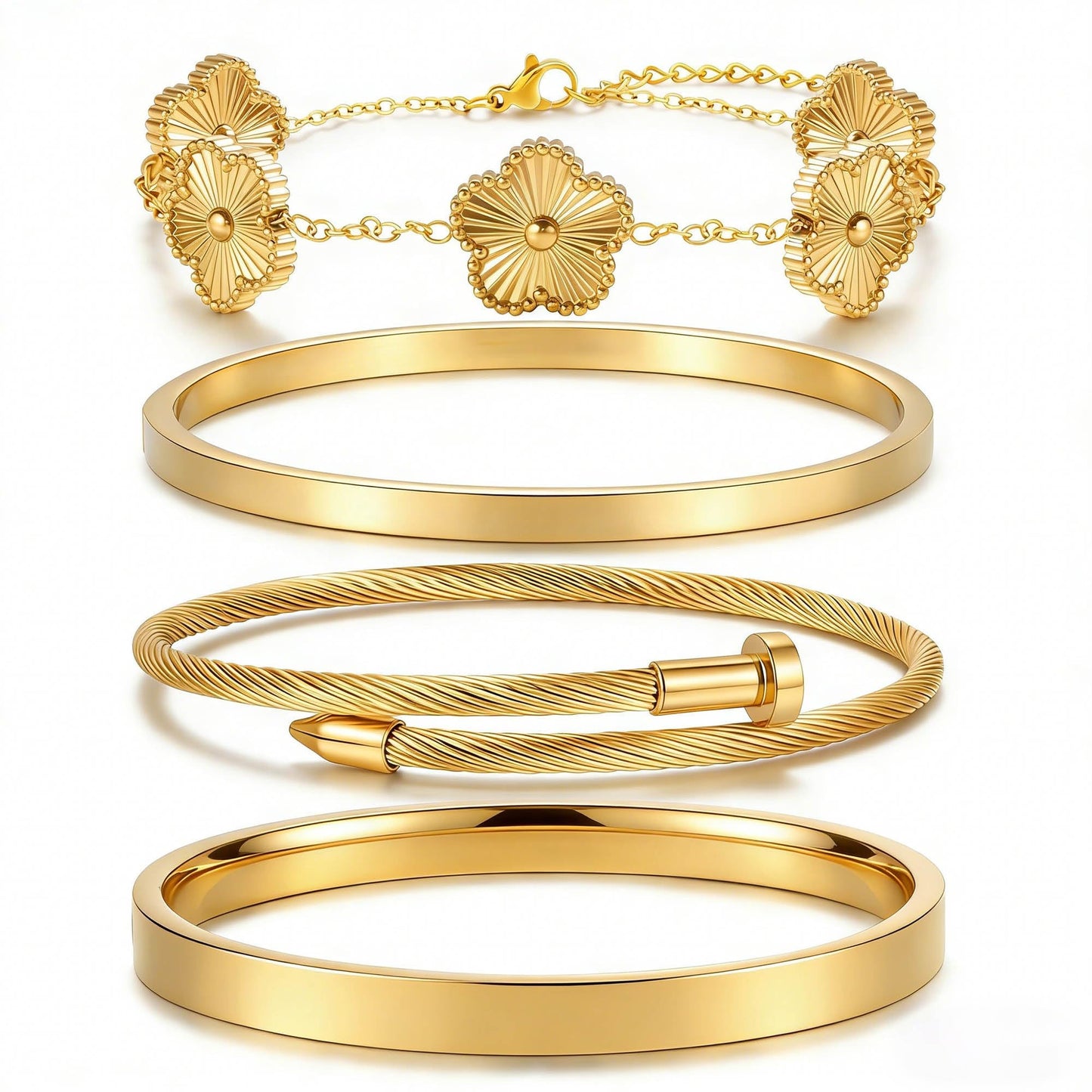 ISELBDR 18K Gold Bangle Bracelets for Women - Stackable Clover & Nail Love Bangle Set - Non-Tarnish Jewelry for Birthday Valentine's, Mother's Day & Christmas (Gold-A)
