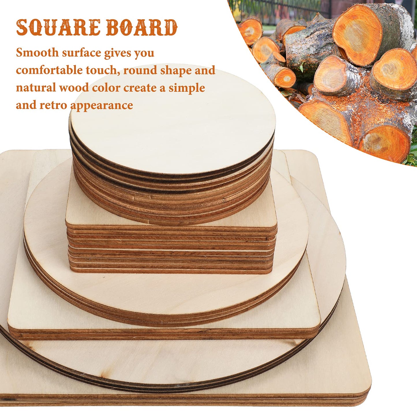32 Pieces Unfinished Blank Wood Circles Squares for Crafts 3 Sizes Christmas Natural Wood Cutouts Tiles Round DIY Blank Discs for Tree Hanging Decor
