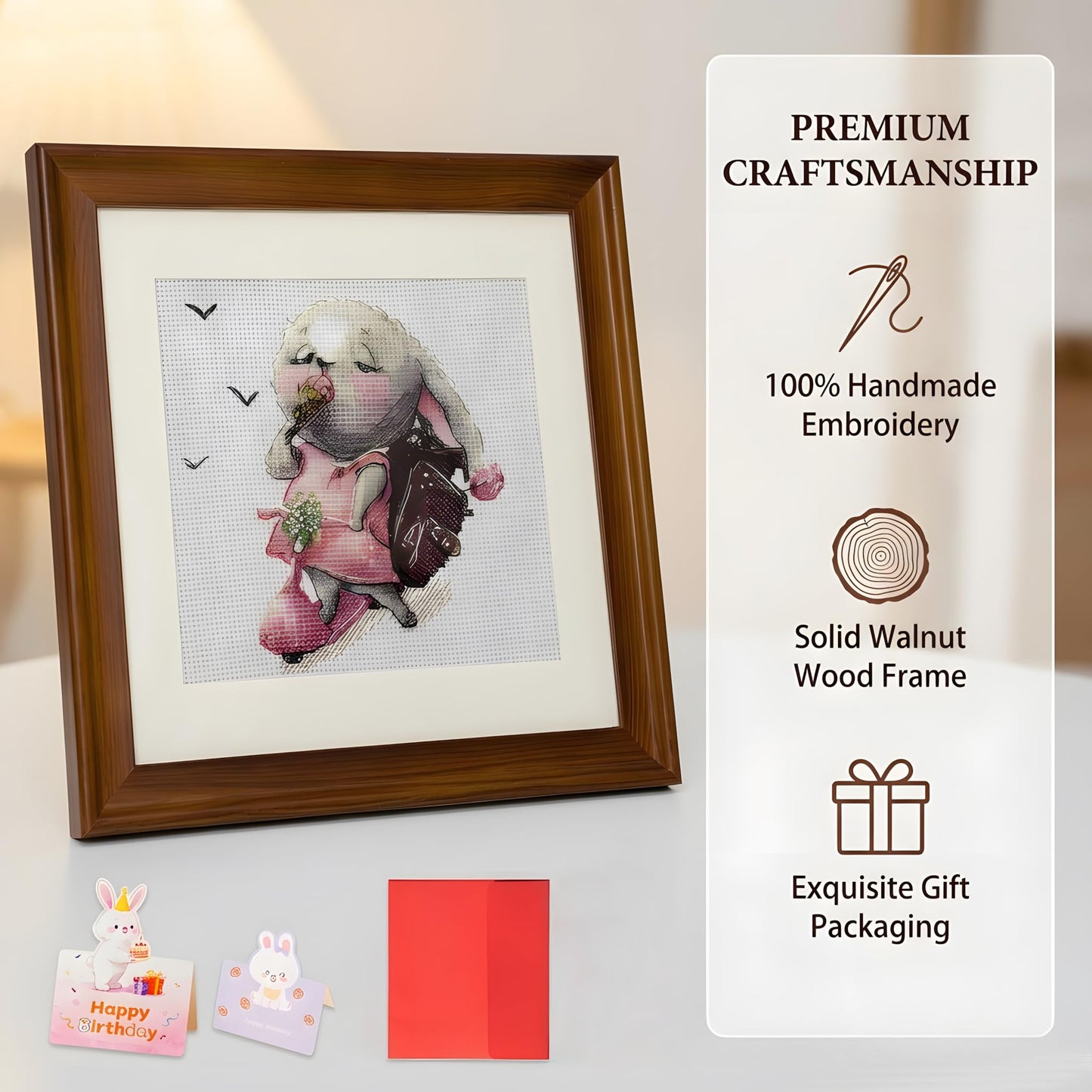 Handmade Cross Stitch Skateboarding Rabbit Wall Art with Solid Wood Frame with Envelope, Greeting Card, 10x10in Framed Pink Bunny Embroidered Nursery Decor, Funny Birthday Gifts for Children