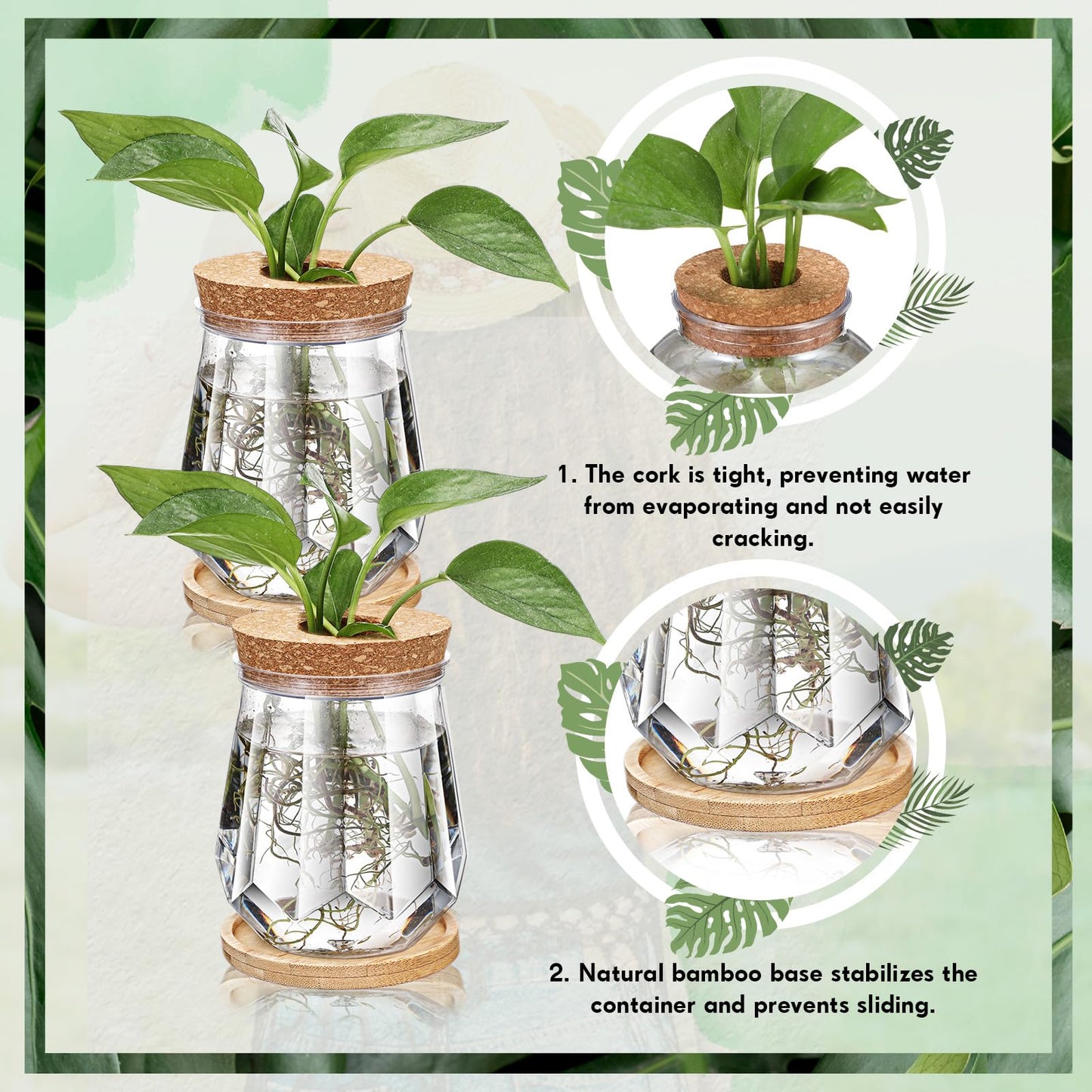 Baderke 12 Packs 4.7" Large Plastic Propagation Vases for Plants with Hole Lid and Bamboo Stand Growing in Water Hydroponic Home Office Desktop Vase Decoration
