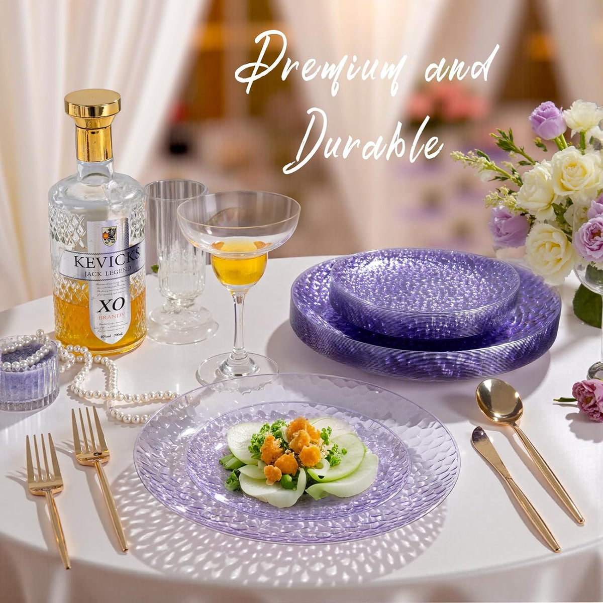 Rubtlamp 60PCS Purple Plastic Plates, Purple Disposable Party Plates, Heavy Duty Plastic With Hammered, Fancy Disposable Platos Include 30 Dinner Plate, 30 Cake Plate For Parties Wedding