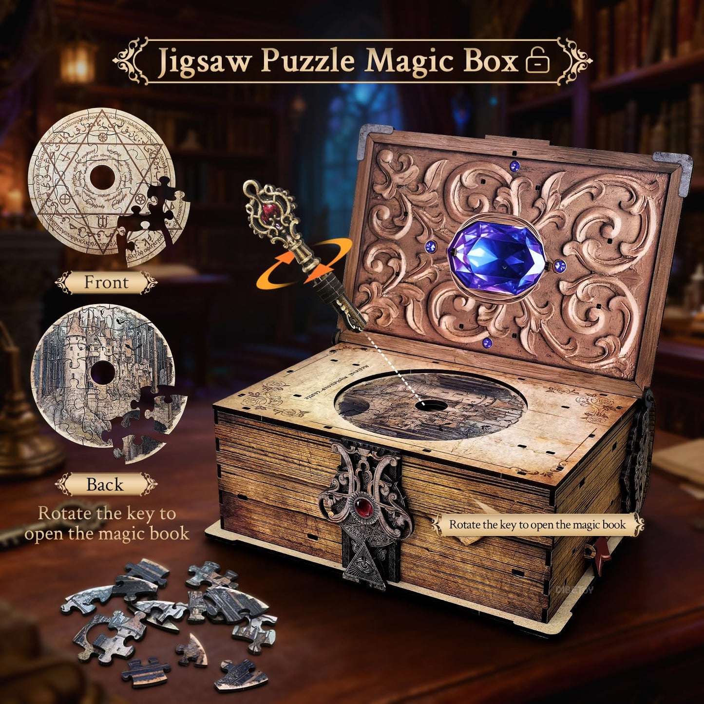 Dibetoy 3D Wooden Puzzles for Adults,DIY Book Nook Kit,Mechanical Treasure Puzzle,Trading Card Storage Box with Lock,3 in 1,DIY Building Mechanical Model Kit for Hobby Enthusiasts