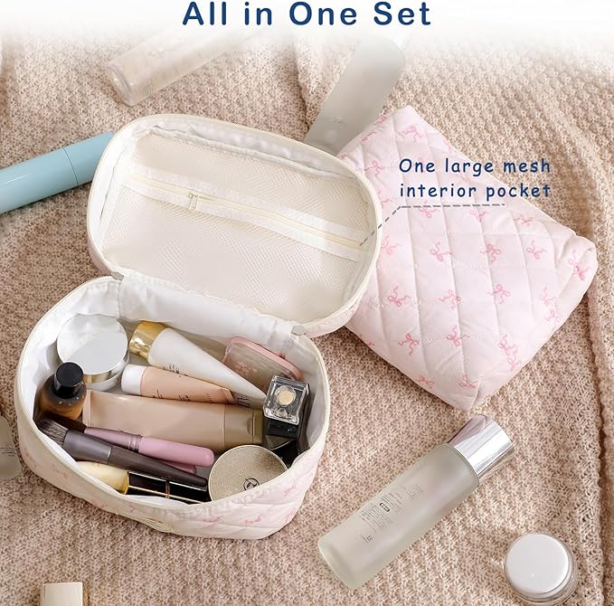 3Pcs Aesthetic Cotton Quilted Drawstring Makeup Bag Set, Aesthetic Cute Bow Makeup Pouch for Girls and Women, Aesthetic Travel Organized Cosmetic Bags for Purse(01Bear)