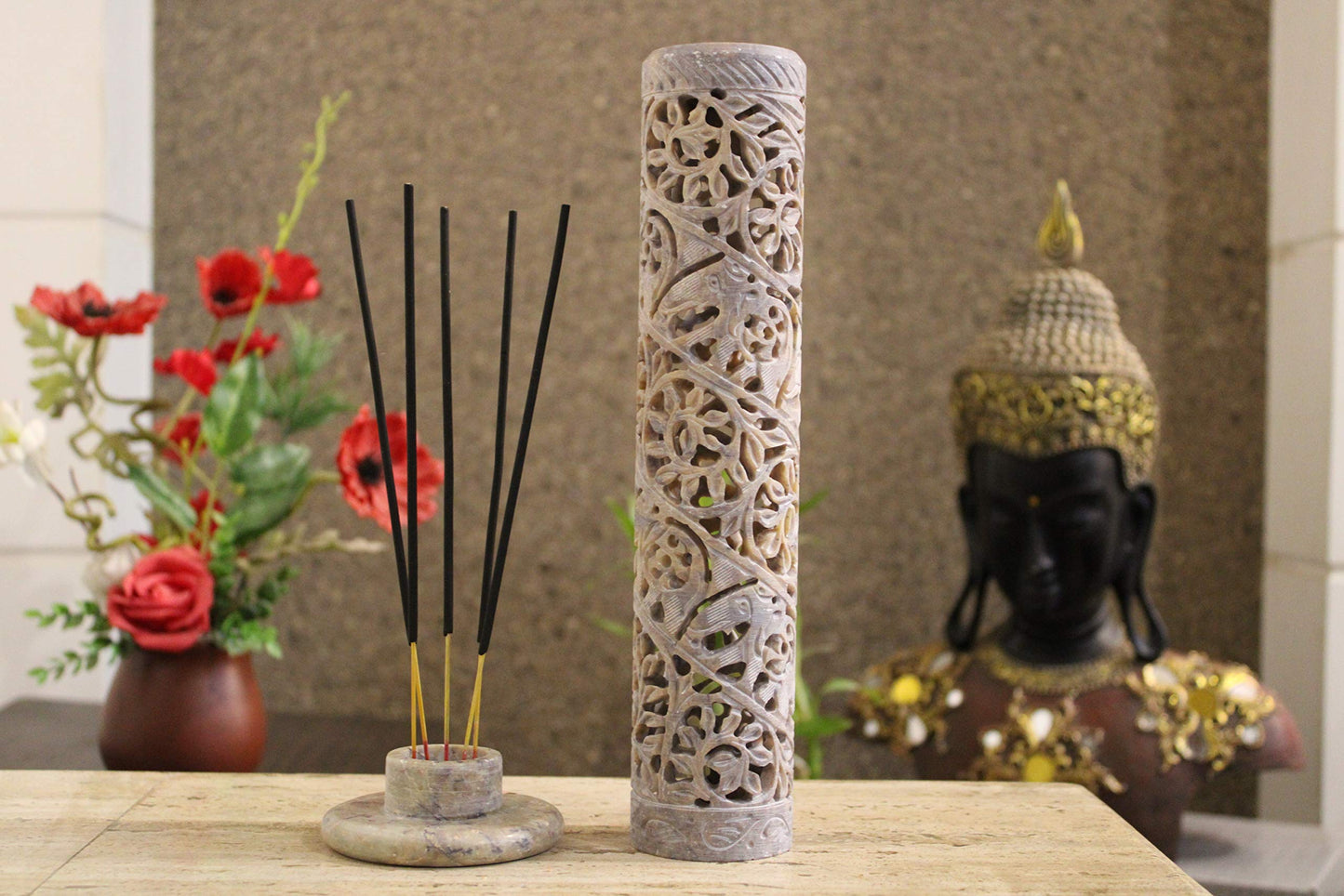 Carry Me Marble Soapstone Incense Stick Holder | Candle Burner | Tea Light Holder - Perfect Handmade Elephant Carving for Gifting. Decorative Home and Office Decor.(3 x 3 x 10.5 Inches)