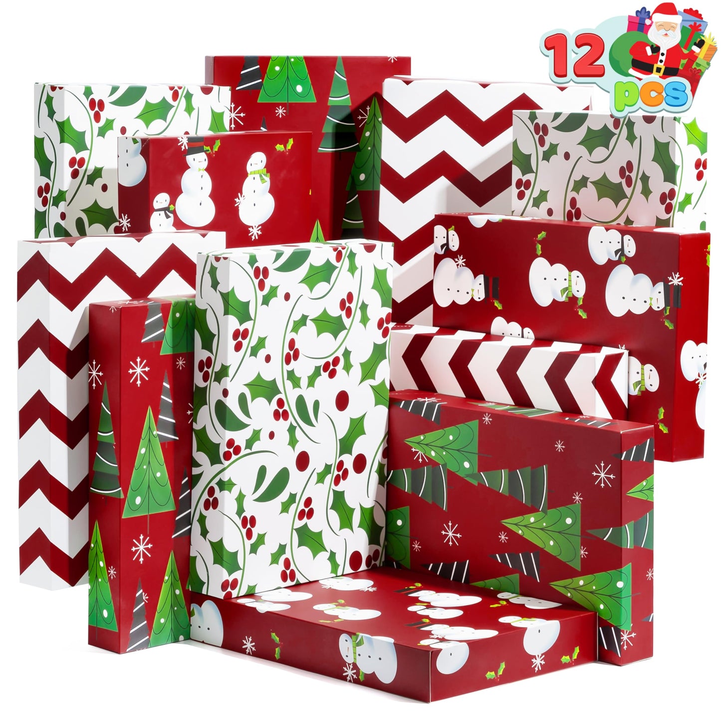 JOYIN 12 PCS Christmas Shirt Gift Boxes with Lids for Presents, Large Robe Cardboard Boxes, Xmas Bright Decorative Box for Clothes, Birthday Holiday Wedding Gift Wrapping Decor, Hat, Sweater and Coat