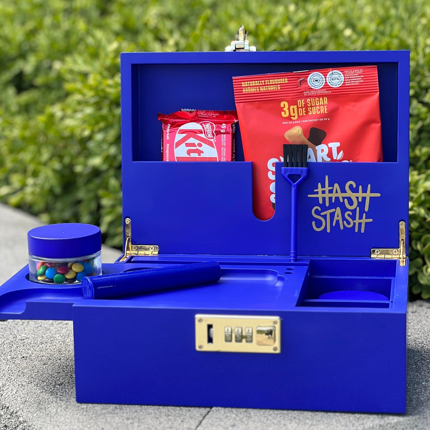 The OG Storage Box - Large Bamboo Box with Combination Lock, Magnetic Lid, Organizer Tray, Airtight Tube and 3 Jars - Discreet Decorative Locking Wooden Box with Accessories (Royal Blue/Gold)