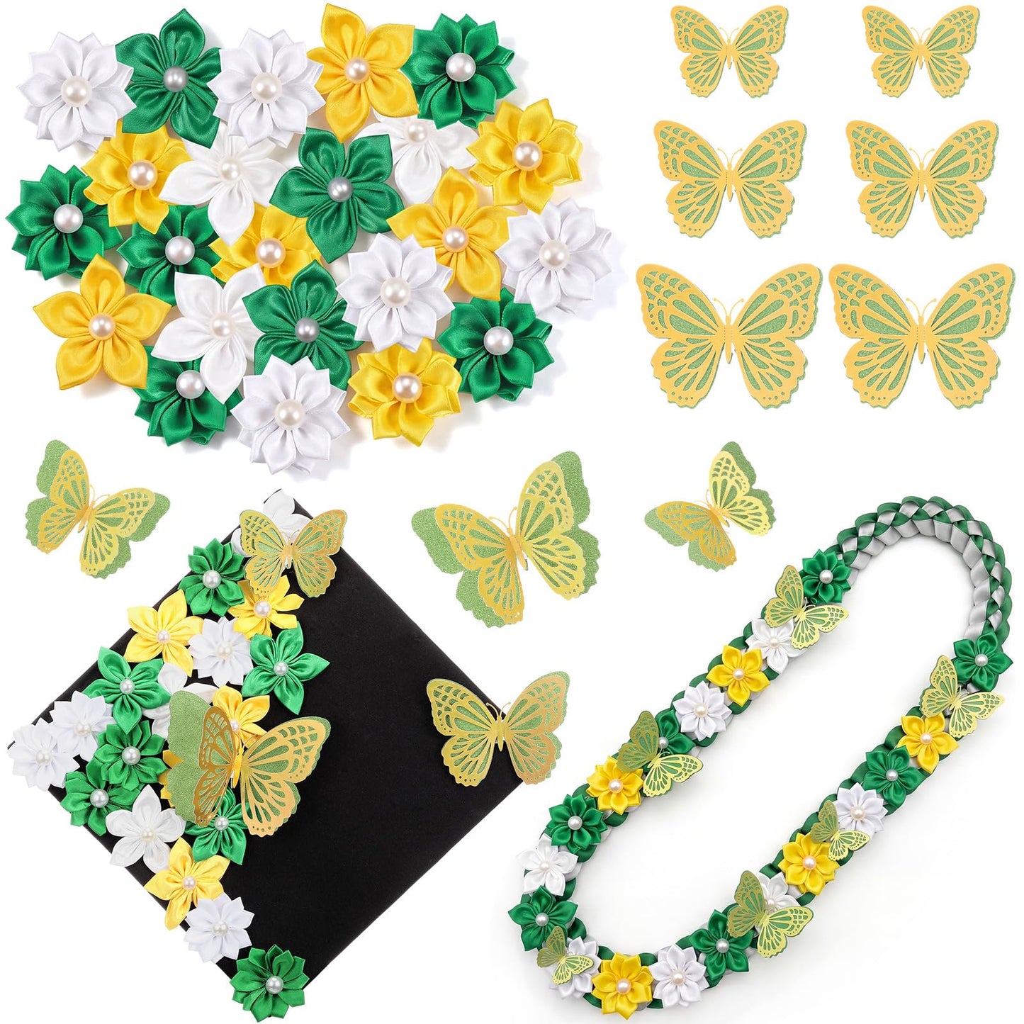 Dunzoom 36 Pcs DIY Graduation Cap Decorations Kit Graduation Ribbon Leis Decor Include Satin Fabric Flowers 3D Butterfly for Grad Hat Craft Party Supplies(Green)
