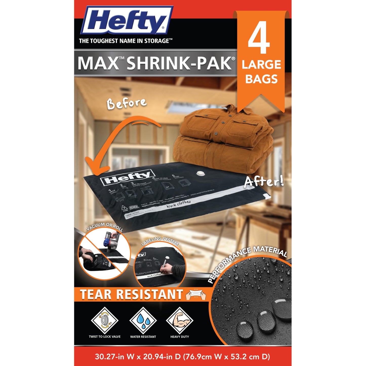 Hefty MAX Shrink-Pak Vacuum Seal Storage Bags for Clothing, Travel, Bedding | Tear & Water Resistant, Dual-Valve Space Saver Compression Bags - Large, 4-Pack