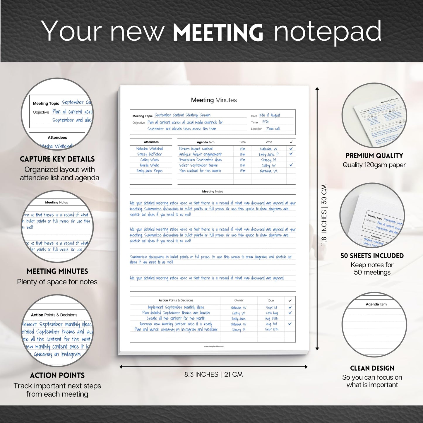 Templatables Meeting Minutes Note Taking Professional Notepad | Plan, Record and Track Actions, Agendas from all your Important Meetings Desk Pad | 50 Undated Tear Away Sheets A4 | Mono