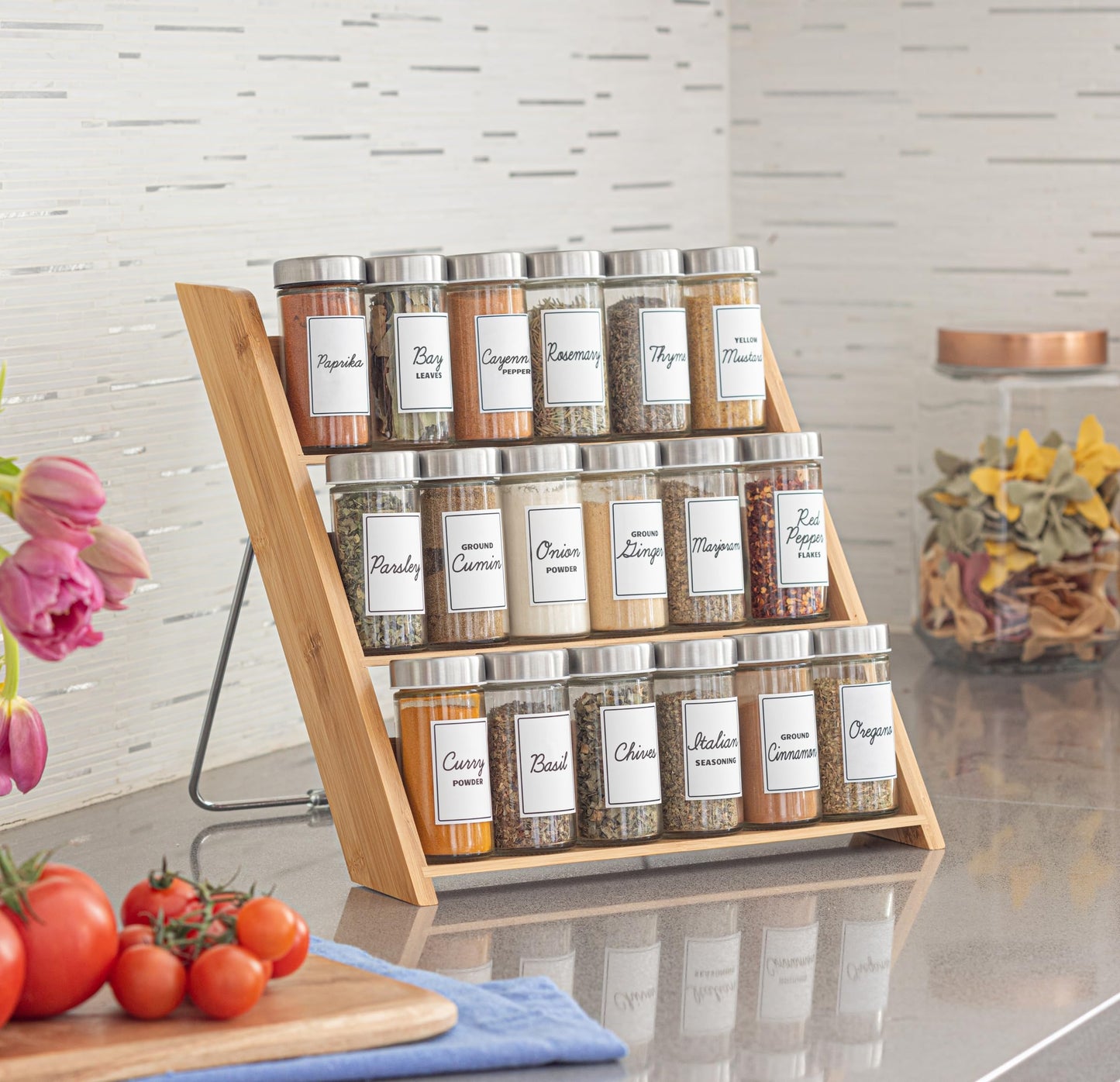 Orii 18 Jar Bamboo Compact Spice Rack with Spices Included & 5-Year Free Spice Refill Program for Countertop or Kitchen Drawer with Glass Jars