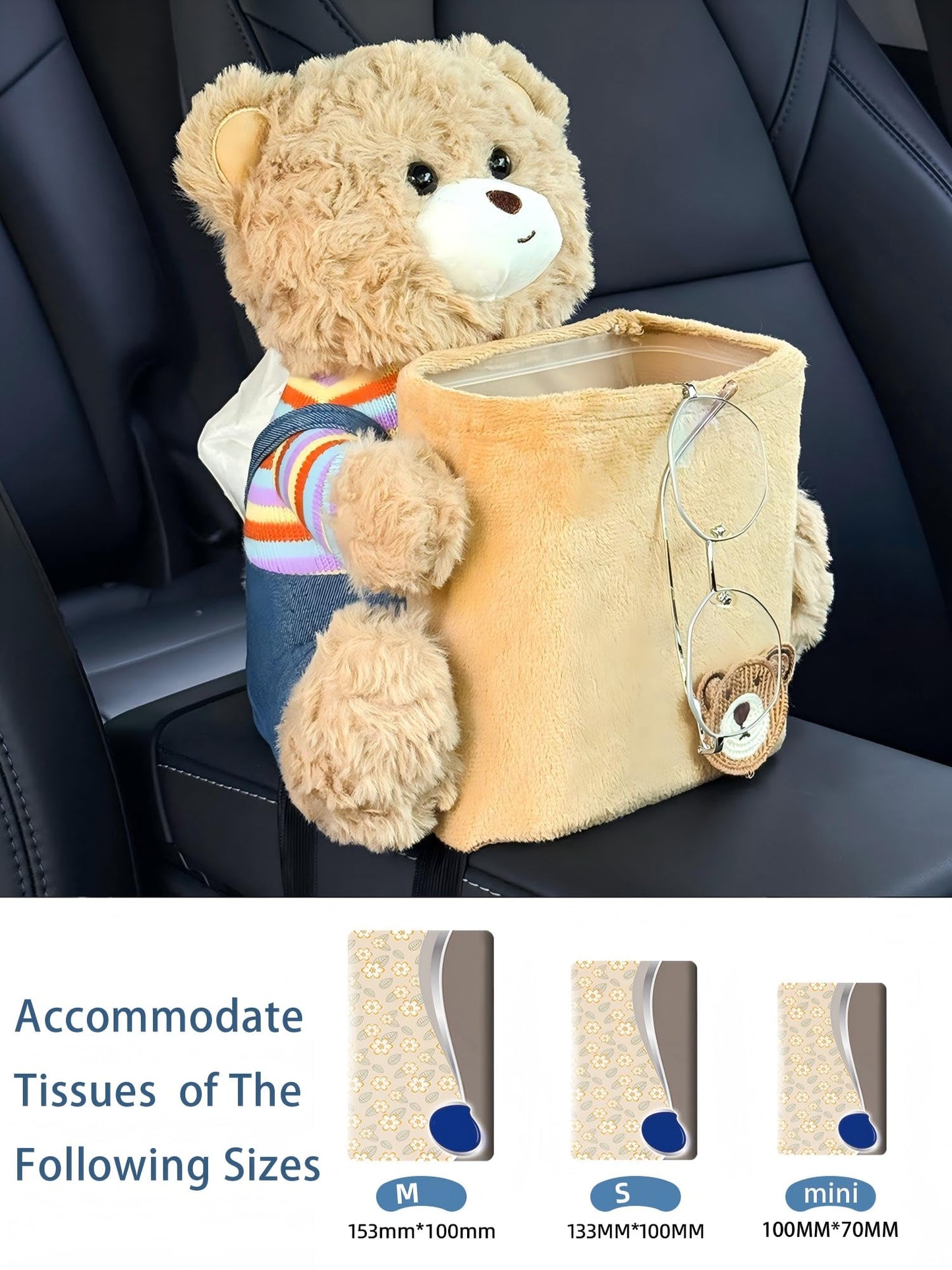 VimoDemo Cute Car Trash Can with Tissue Holder Teddy Bear Tissue Box Console Stuffed Animal Organizer Plush Doll Multifunctional Creative Accessories for Women Rainbow Bear