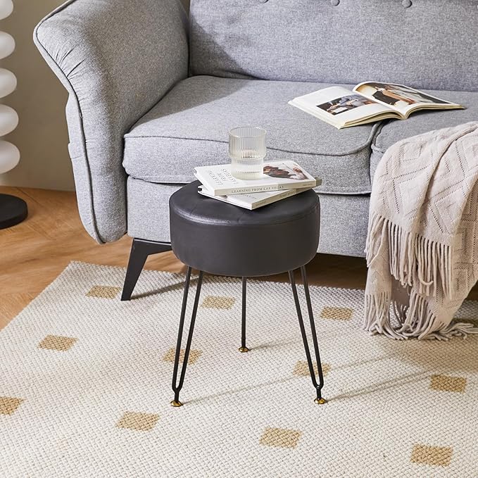 IBUYKE Faux Leather Round Footrest Stool, Makeup Vanity Stool Side Table, PU Dressing Table Seat, Pouf Couch Stool, Golden Steel Legs, Black LG-31B