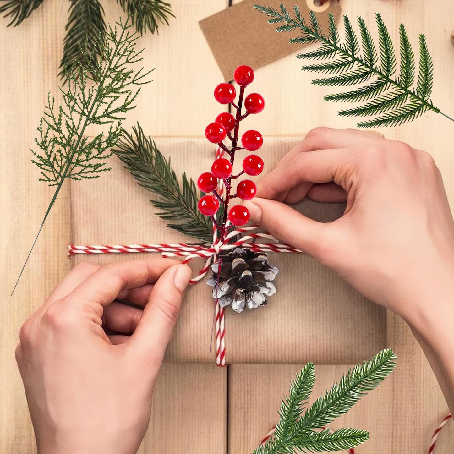 Gitechft 50 PCS Artificial Pine Branches Fake Greenery Pine Picks Artificial Red Berry Stems,Xmas Stems,Christmas Pine Needles for Wreath Decorations
