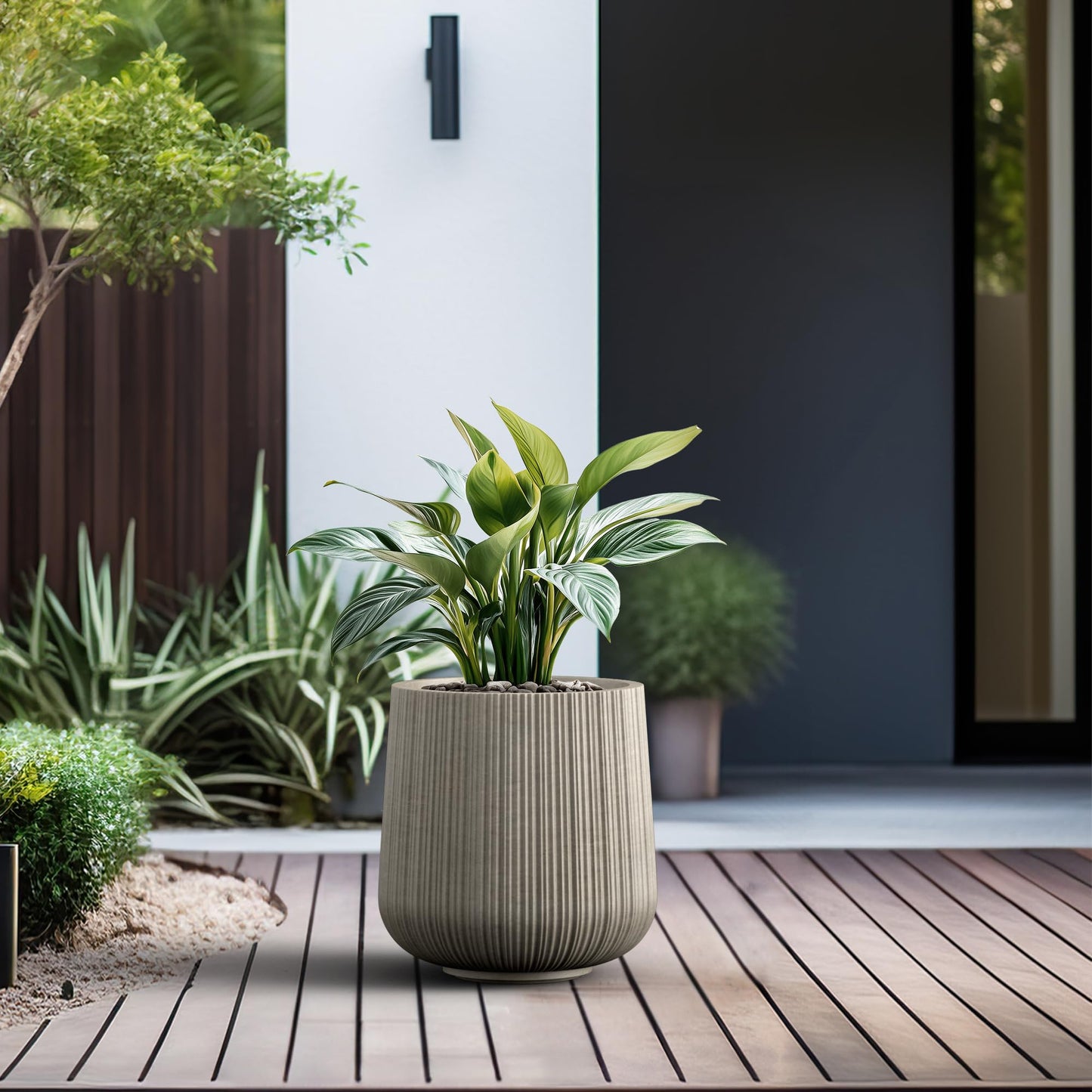 Kante 13.0" Dia Round Fluted Concrete Planter, Large Plant Pot with Drainage, Smooth Weathered Concrete Finish with Painted Interior, for Indoor and Outdoor Use