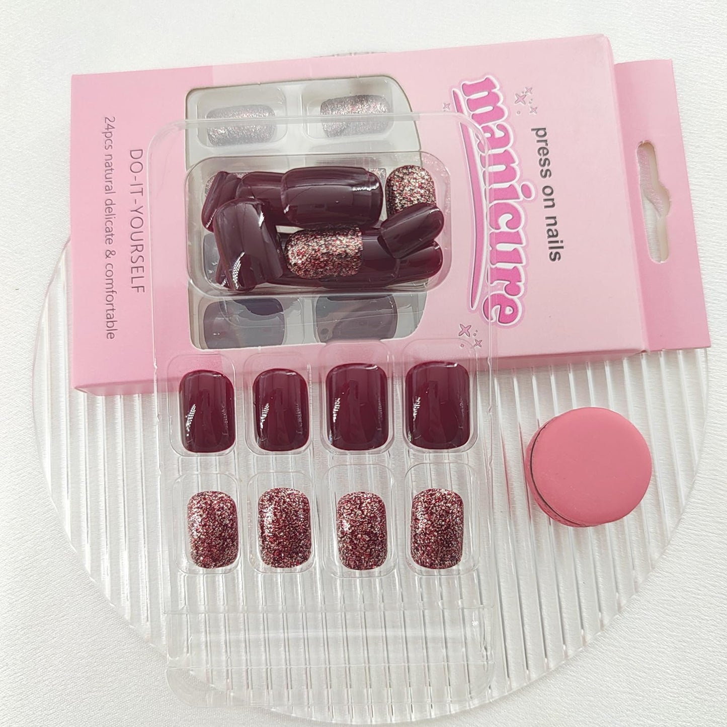 Square Press on Nails Short Fake Nails with Glitter Designs Red Nails Press ons Winter Acrylic Nails for Women 24Pcs