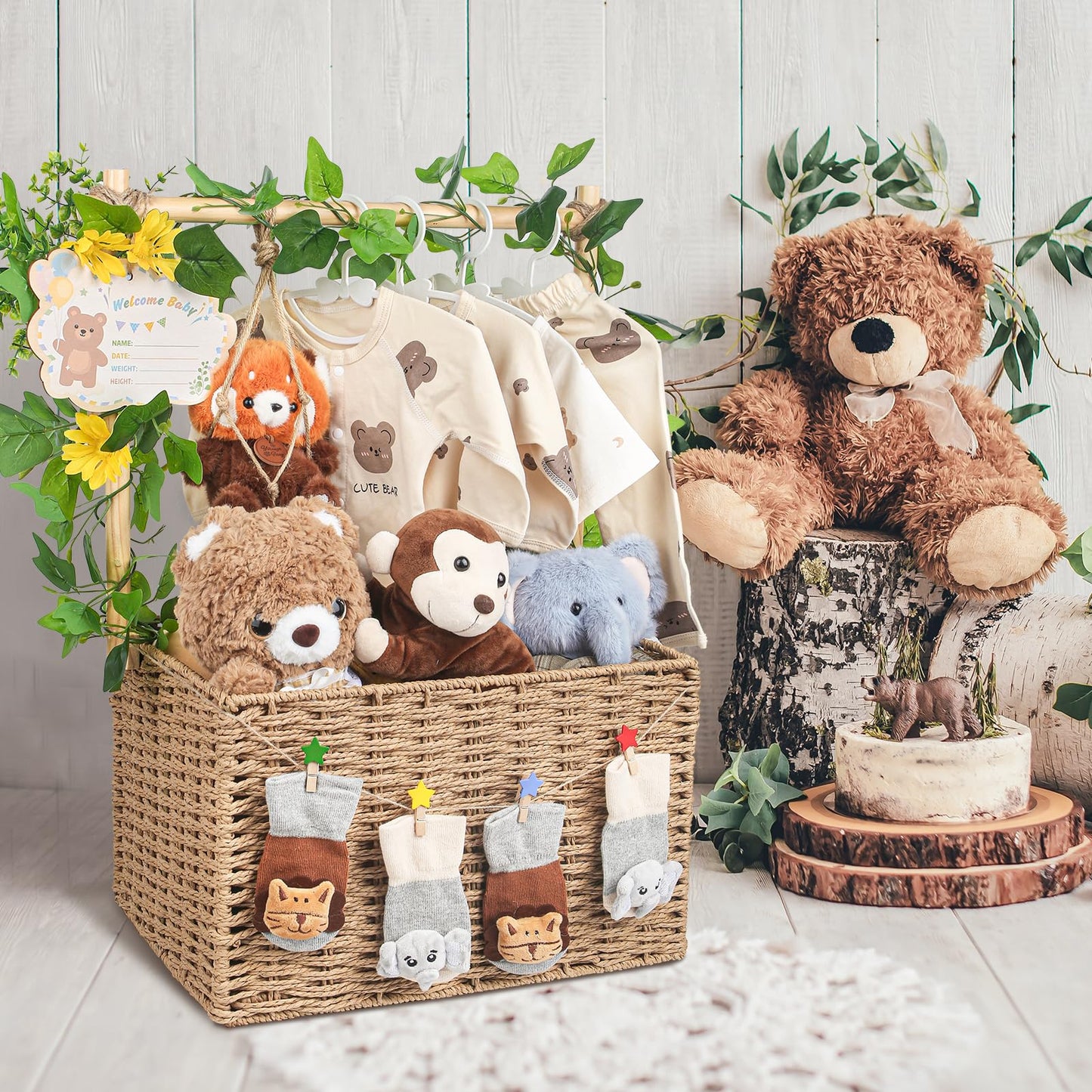 Wisreach Wooden Woven Baby Shower Crate – Foldable Storage Basket with Handles, Handwoven Gift Box for Baby Shower & Newborn Essentials, Welcome Gift for Baby Shower, Newborn Boys Girls