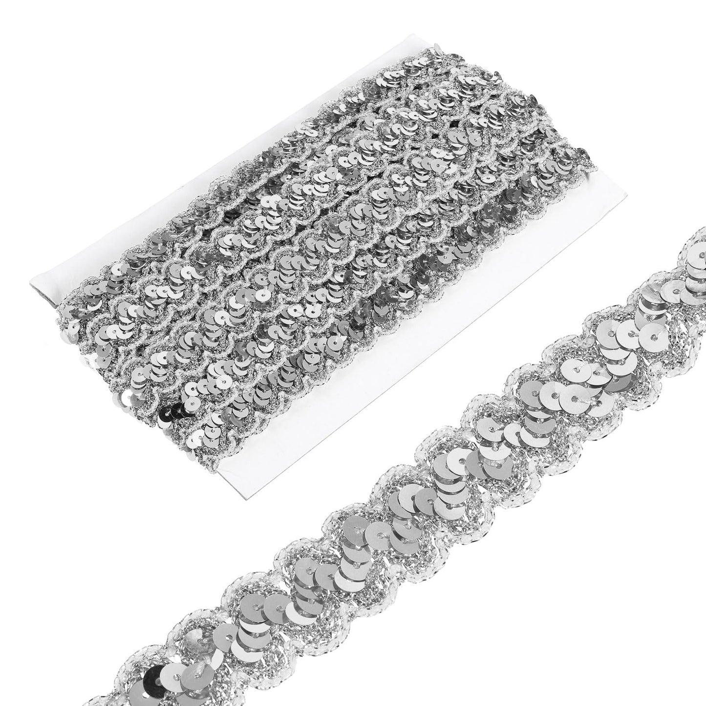 MECCANIXITY 0.9 Inch x 7 Yards Sequin Trim Silver Tone Wave Flat Sequin Braid Trim Strip Paillette Ribbon for Crafts, Embellishments, DIY Sewing Costume Decor