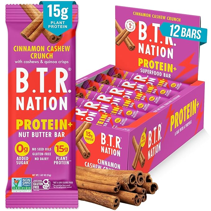 B.T.R. Nation Vegan Keto Plant Based High Protein & High Fiber Bars - Cinnamon Cashew Crunch Protein+ | 12 Bars | Low Carb & GF, Free of Sugar Alcohols, Dairy, Soy and with Powerful Superfoods!