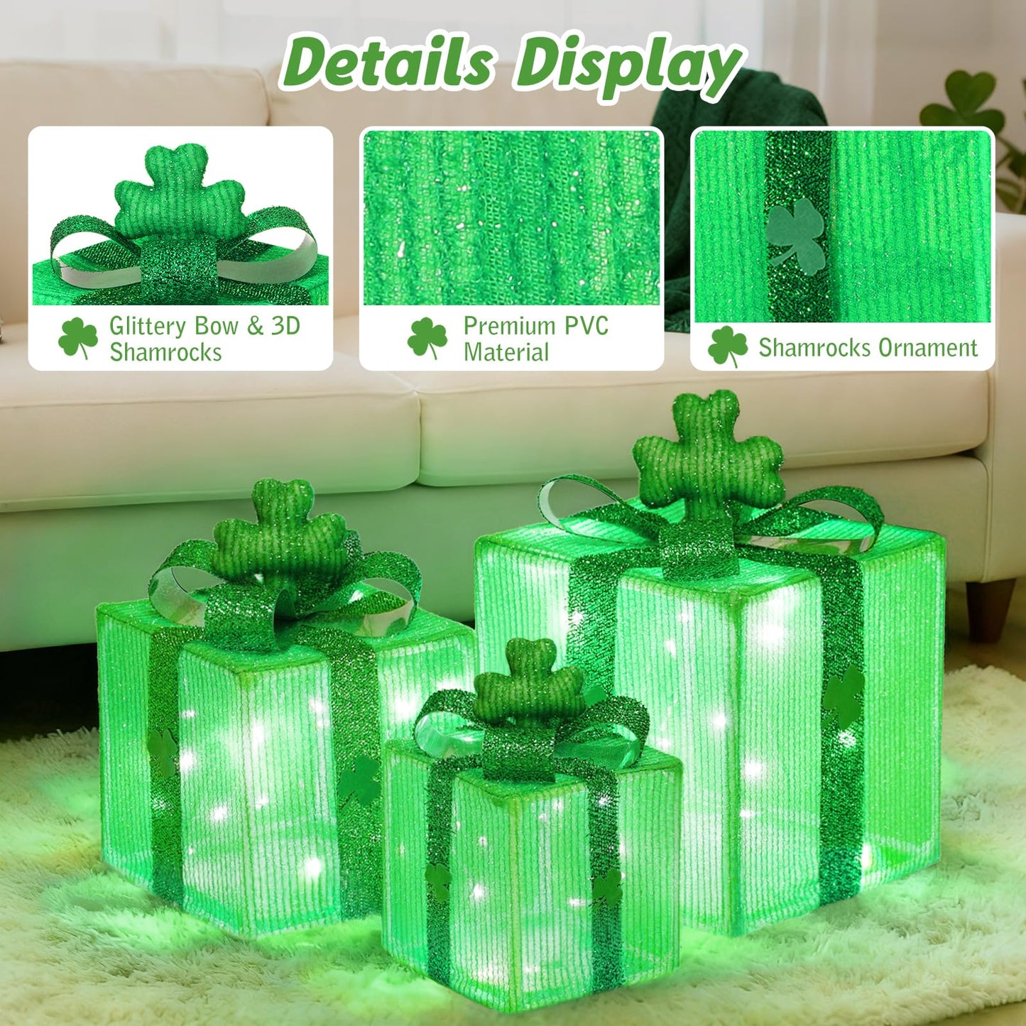 Lewondr St Patricks Day Decorations Lighted Gift Boxes with 3D Shamrocks, Green Decor Light Up Present Boxes for St Patrick's Day, USB Powered + Remote Control Lucky Clover for Indoor Home Holiday