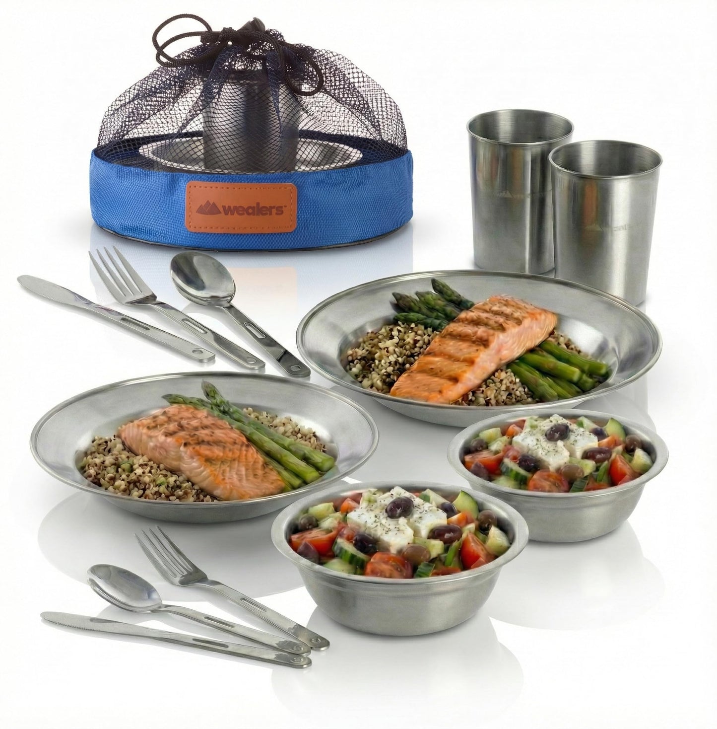 Wealers Unique Complete Messware Kit Polished Stainless Steel Dishes Set| Tableware| Dinnerware| Camping| Buffet| Includes - Cups | Plates| Bowls| Cutlery| Comes in Mesh Bags (2 Person Set Blue)