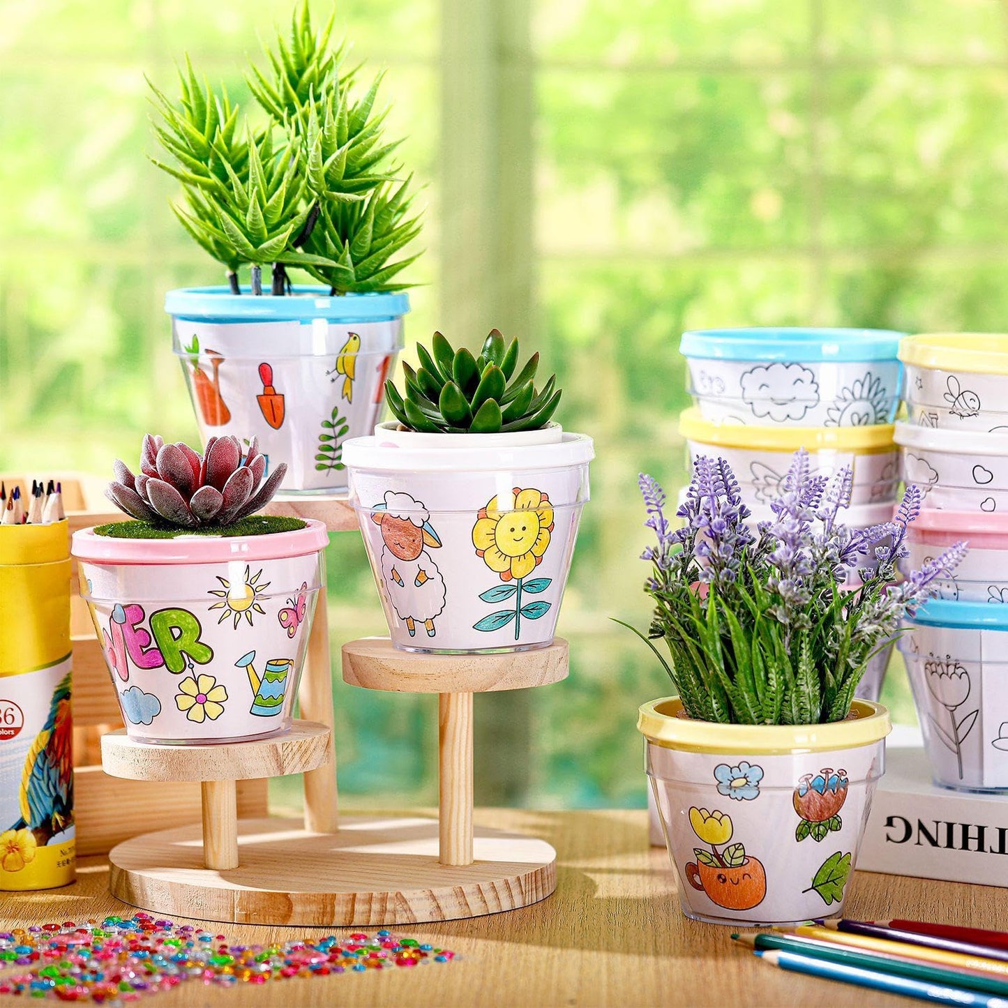 SiliFine 24 Pcs Spring DIY Flower Pots Crafts with 24 Drawing Inserts and 4 Sheets Rhinestone Sticker Color Your Own Flower Plant Pot DIY Art Projects Fun Activities Mother's Day Gift