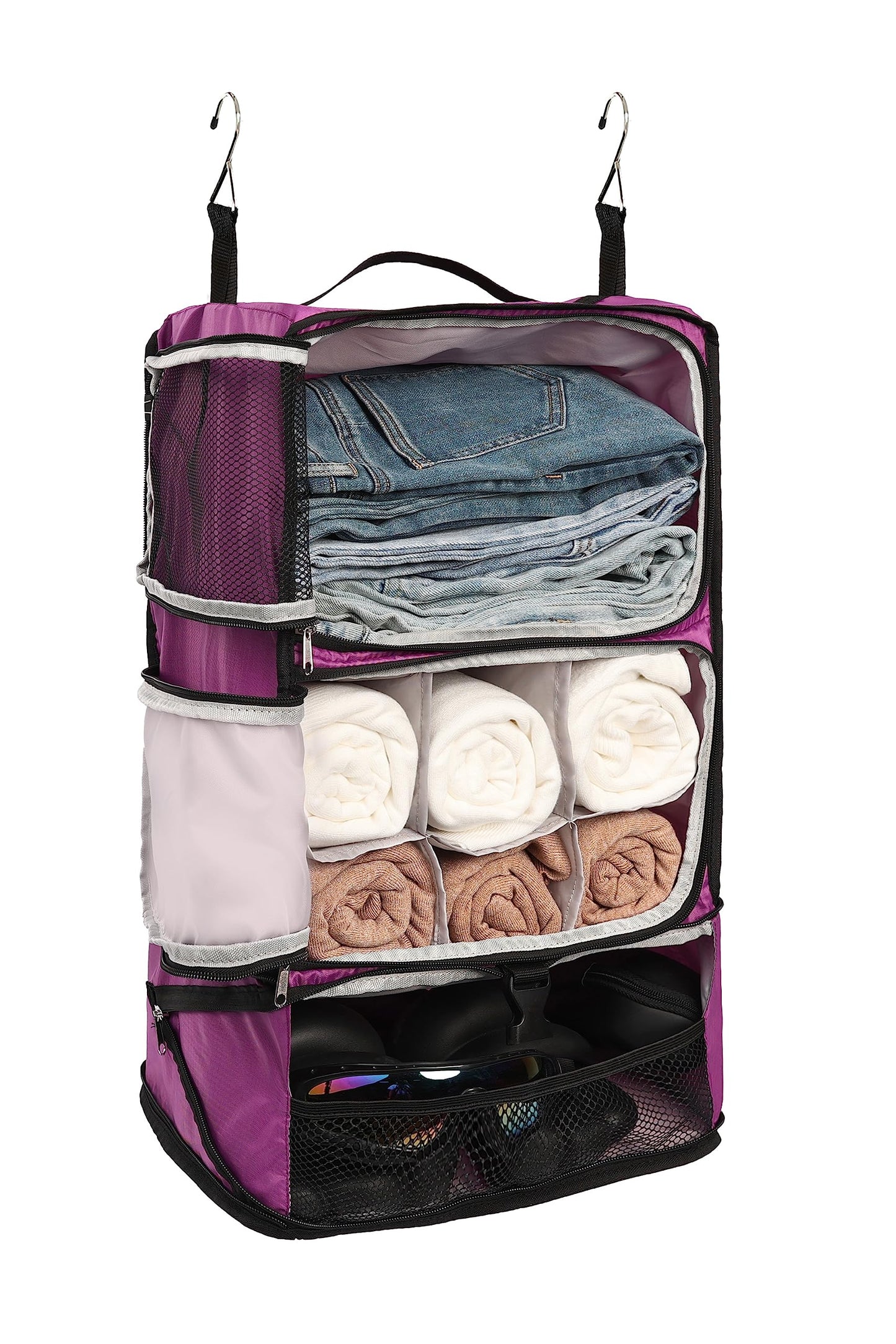 ELEZAY Hanging Packing Cubes Portable Closet 3-Shelf Travel Collapsible Compression Garment Organizer for Carry-on Luggage Suitcase Space Saver Bag X-Large_No Side Pockets, Purple