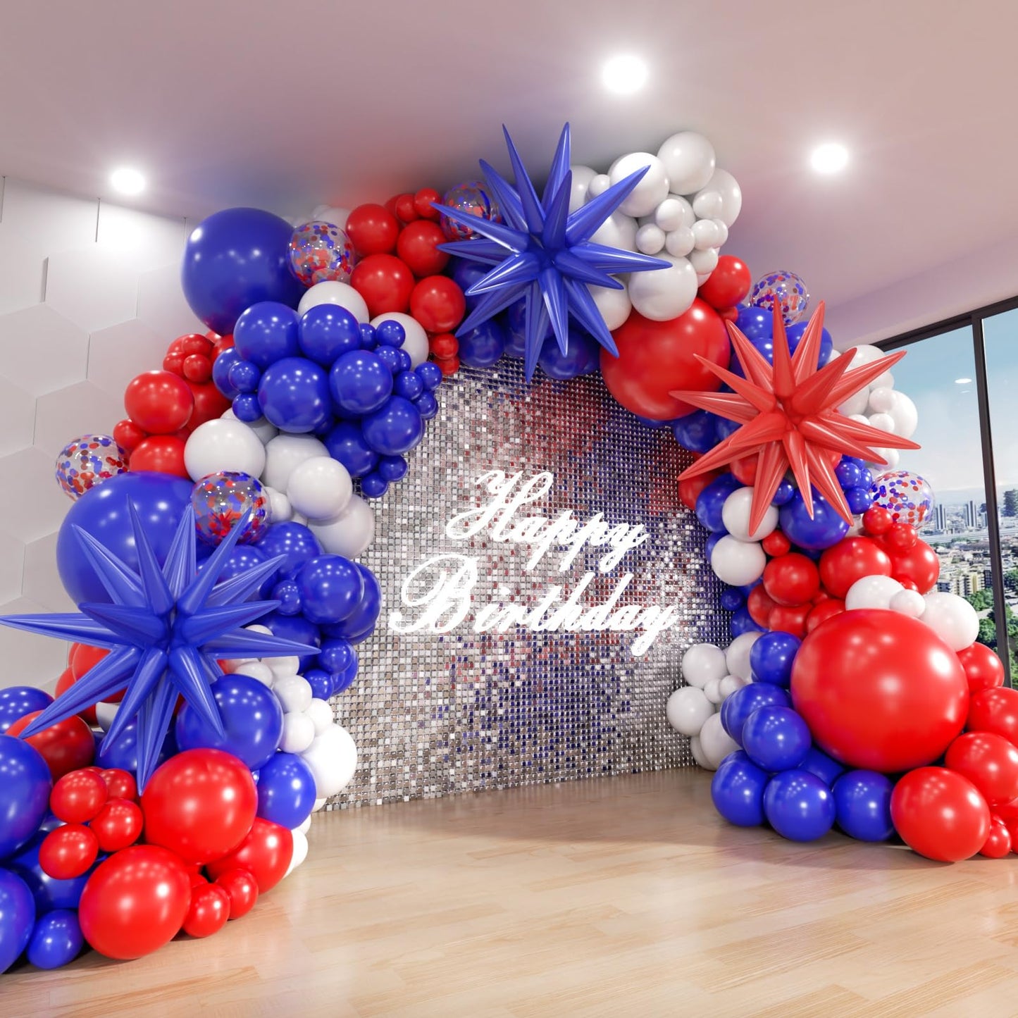 ADOINBY Red White and Blue Balloon Arch Kit, 140Pcs Explosion Star Red White Blue Balloon Garland kit Different Size Balloons for 4th of July Anniversary Birthday Independence Day Party Decorations