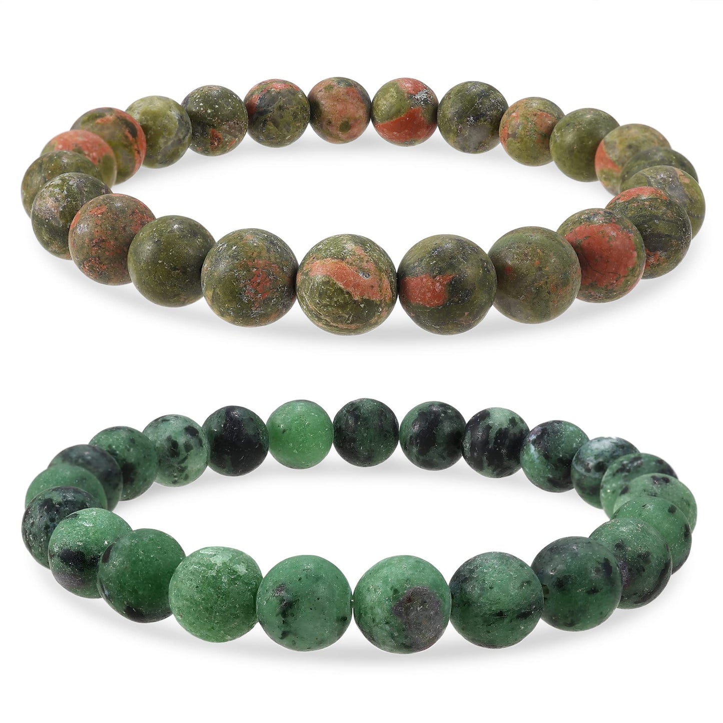 Bivei Natural Gemstone Semi Precious Crystals Handmade Stretchy Round Beads Bracelet, Enhance Positive Energy,Stocking Stuffers for Women(Unakite & Green Agate (Recovery) Medium)
