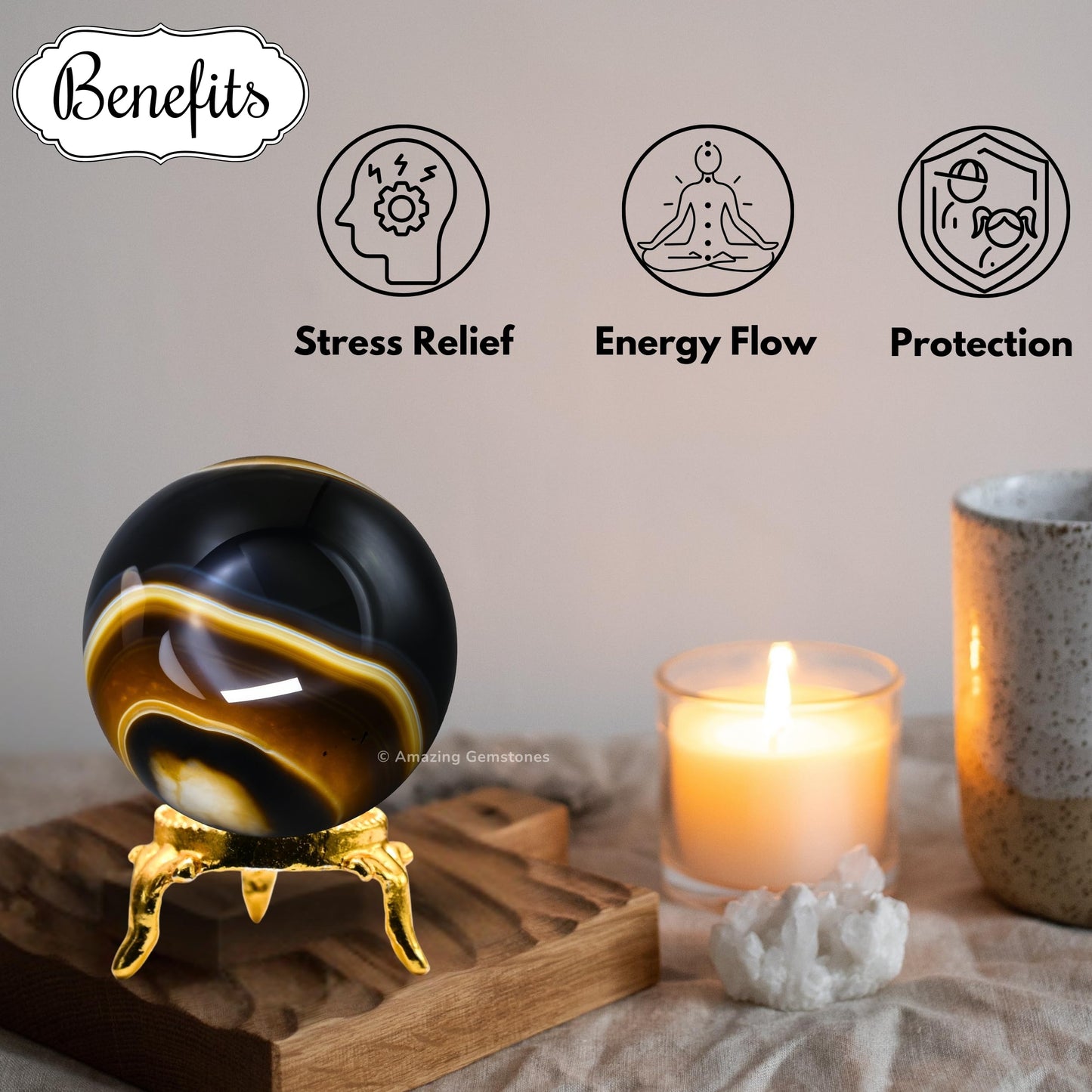 Amazing Gemstone Black Onyx Crystal Ball with Stand - 2" Inches Crystal Sphere Meditation Balls for Witchcraft and Decorative Balls