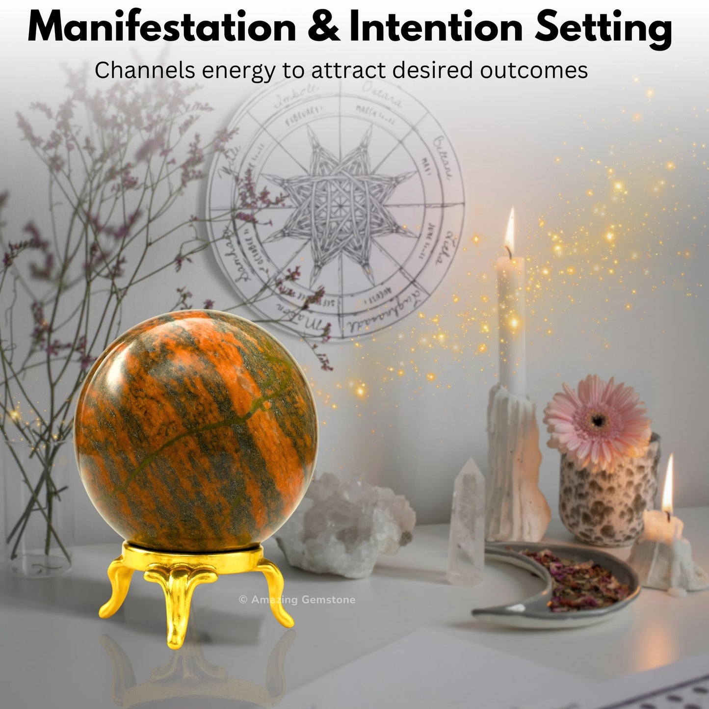 Amazing Gemstone Unakite Crystal Ball with Stand - 2 Inches Crystal Sphere Meditation Balls for Witchcraft and Decorative Balls