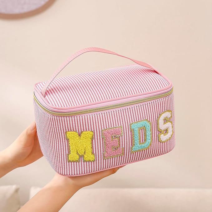 Chenille Letter MEDS Makeup Bag,Large Size Striped Medicine RX Cosmetic Bag with Top Handle, Aesthetic Seersucker First Aid Travel Organizer Bag for Women Girls(05Pink)