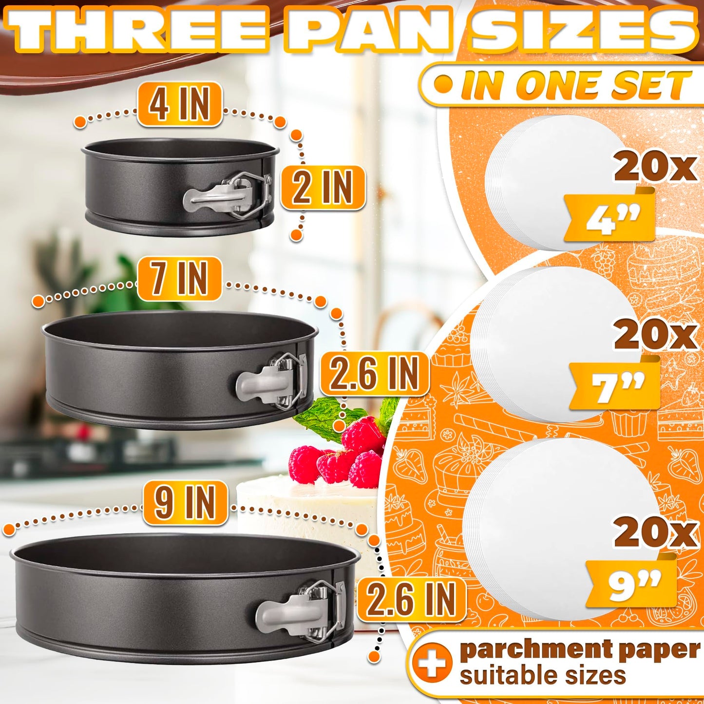 Spring Form Pan for Cheesecake - Leak Resistant Springform Pan Set, Easy-Open Latch, Removable Bottom, Clean Release, Nonstick Round Cake Pans Set, 60 Parchment Liners, Great as Kitchen Gifts for Mom