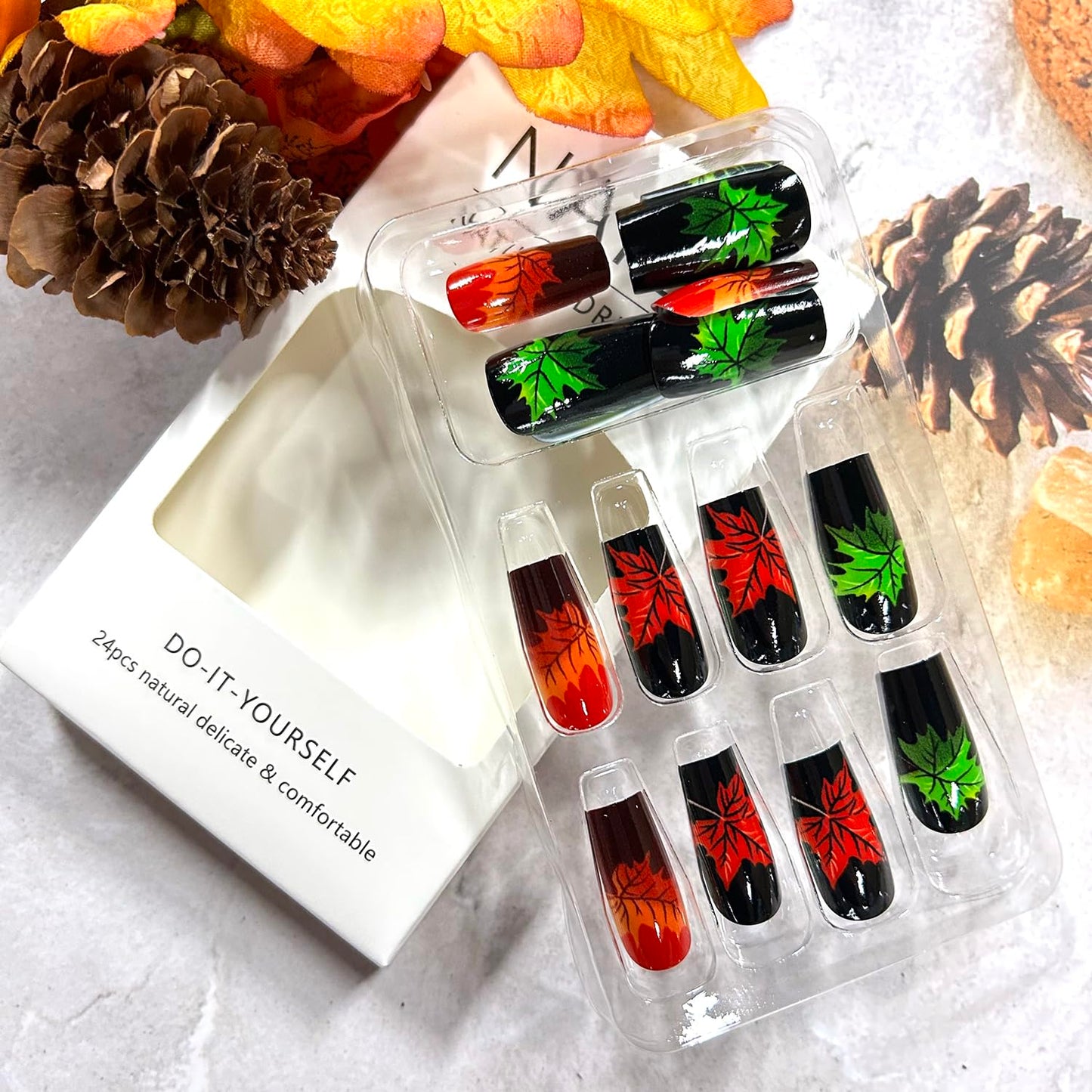 Autumn Thanksgiving Day Press on Nails Medium Square Shaped Artificial Acrylic Nails Colorful Maple Leaf Stick on Nails Full Cover Reusable Coffin Artificial Fingernails for Women Festival 24Pcs