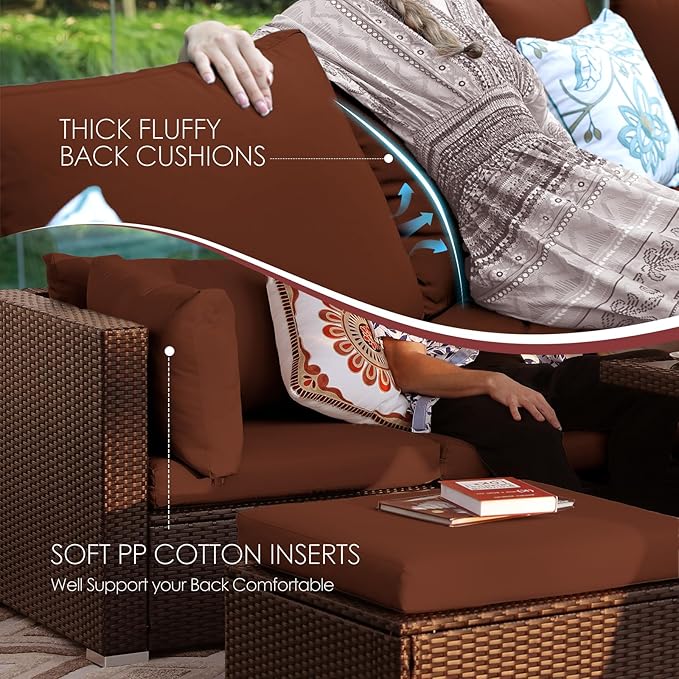 NICESOUL 10 Pieces Outdoor Patio Furniture Set with Fire Pit Table Natural Gas/Propane, 29.3'' High-Back Big Sectionals PE Wicker All Weather Conversations, Brown Rattan and Burgundy Cushion