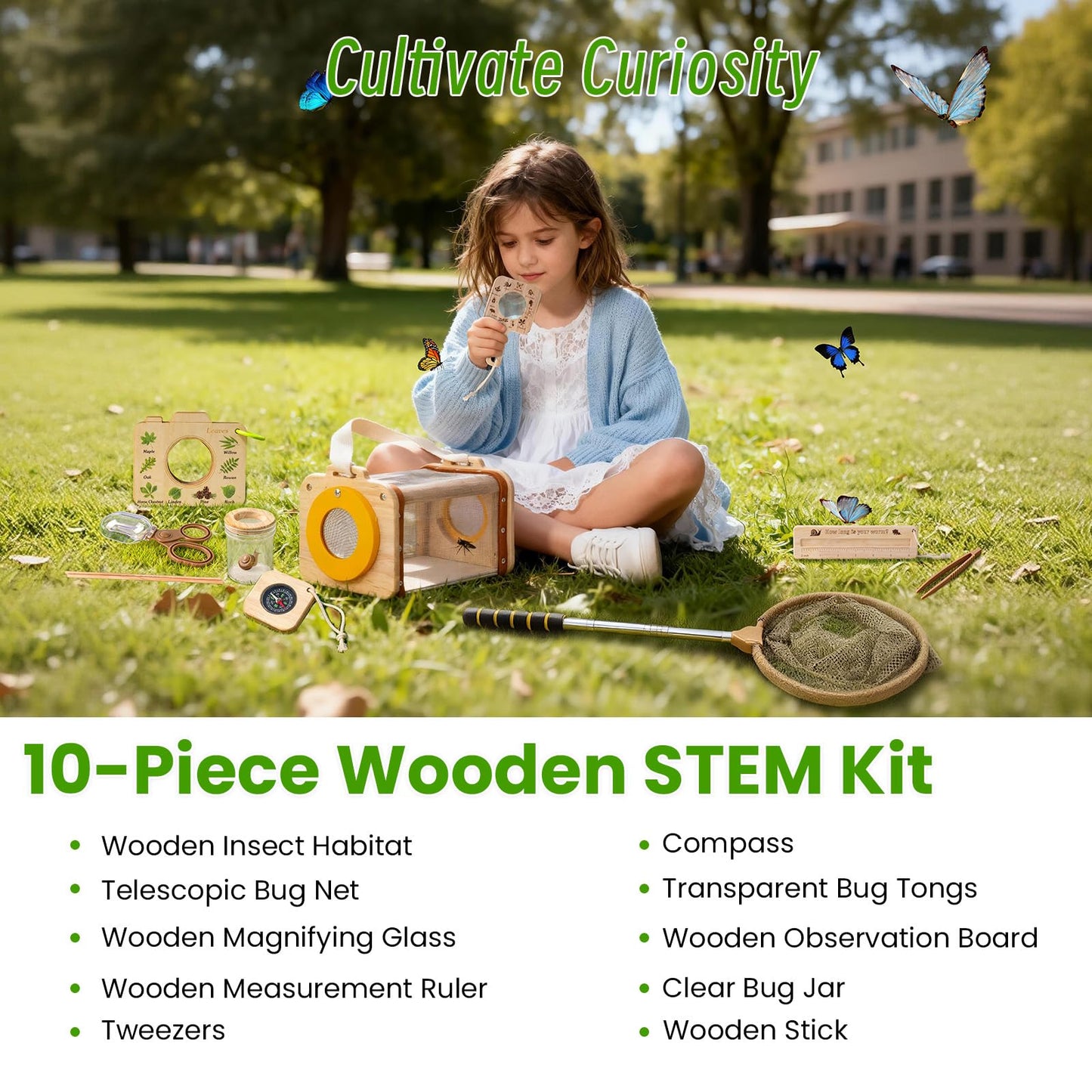 Wooden Bug Catcher Kit for Kids 3-8, 10PCS Outdoor Explorer Set with Bug House, Butterfly Net, Magnifier & Tools, Catch & Release STEM Nature Kit, Non-Plastic Educational Gift for Boys & Girls